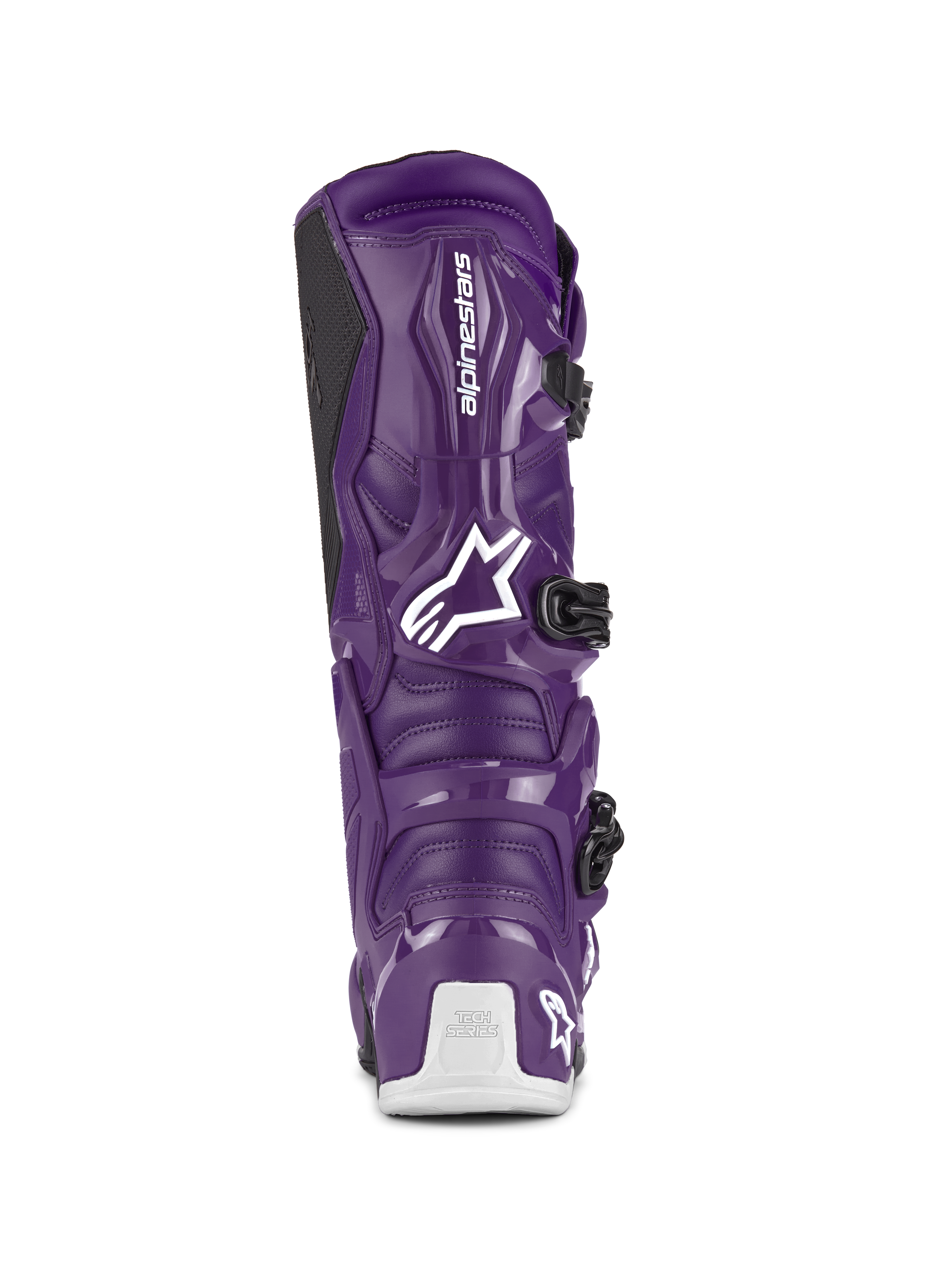 Alpinestars Tech 7-stövlar, motocross-stövlar, lila, vy bakifrån som visar vit Alpinestars-logotyp och Tech Series-märkning på hälen, svarta spännen, hållbar TPU- och syntetisk konstruktion för terrängkörning