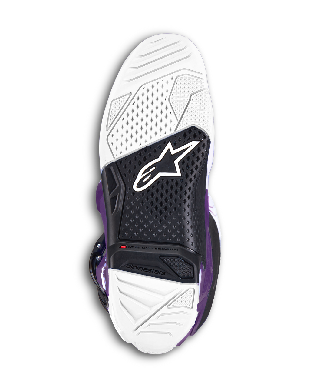 Alpinestars Tech 7-stövlar, lila motocross-stövlar, undersida av sulan som visar vitt och svart vulkaniserat gummi med dubbla gummiblandningar, Alpinestars-logotyp och en synlig röd slitageindikator för terrängprestanda