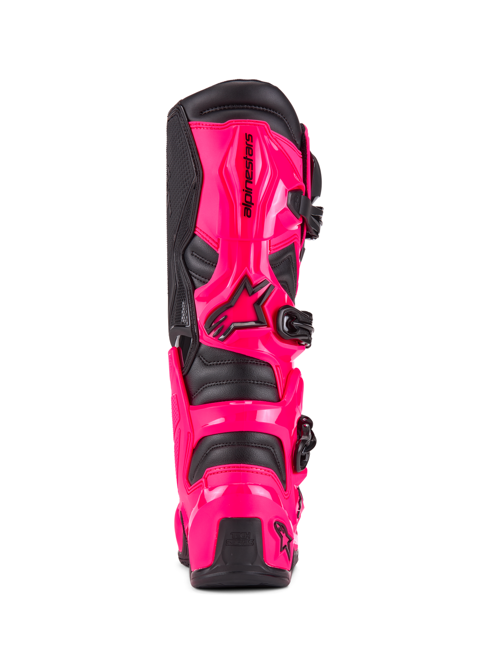 Alpinestars Tech 7-stövlar, motocross-stövlar, Diva Pink och svart, vy bakifrån som visar TPU-skydd för häl och vad med hög slagtålighet, svart spännsystem, hållbar konstruktion för terrängkörning