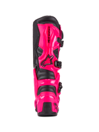 Alpinestars Tech 7-stövlar, motocross-stövlar, Diva Pink och svart, vy bakifrån som visar TPU-skydd för häl och vad med hög slagtålighet, svart spännsystem, hållbar konstruktion för terrängkörning
