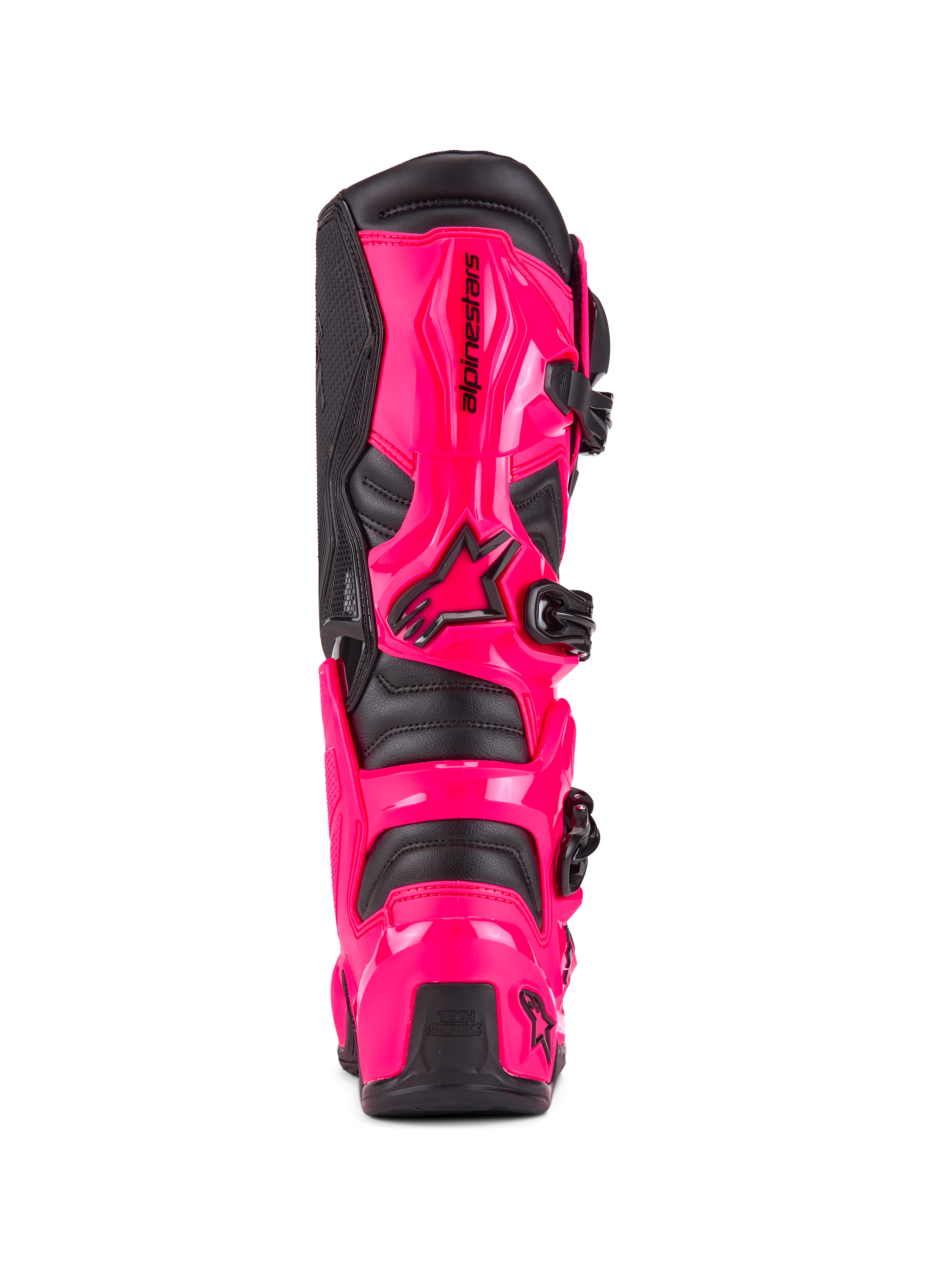 Alpinestars Tech 7-stövlar, motocross-stövlar, Diva Pink och svart, vy bakifrån som visar TPU-skydd för häl och vad med hög slagtålighet, svart spännsystem, hållbar konstruktion för terrängkörning