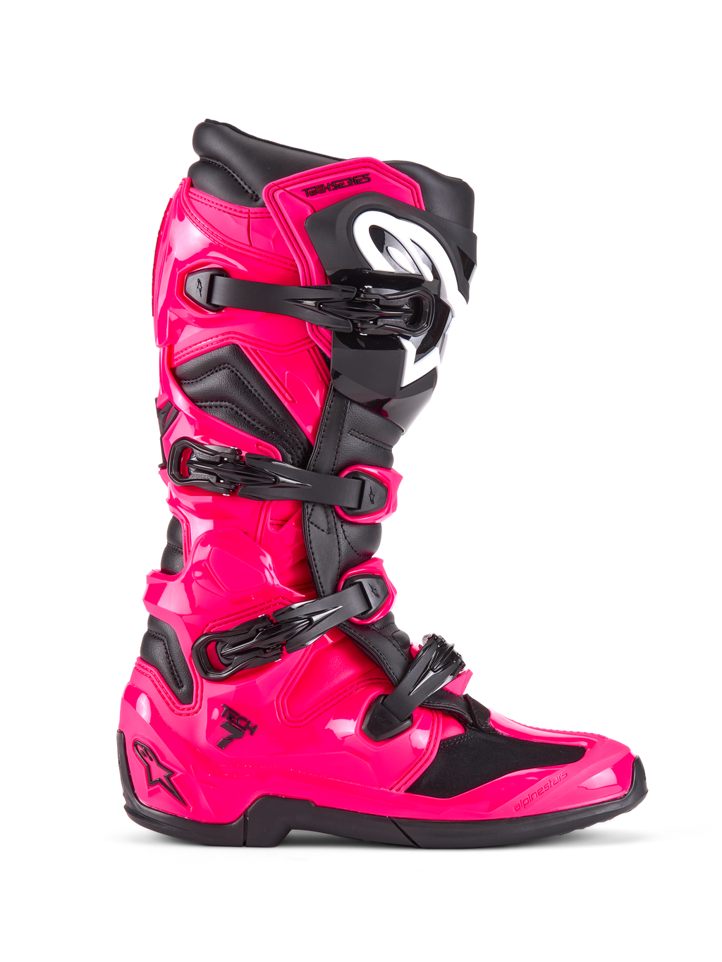 Alpinestars Tech 7-stövlar, motocross- och terrängstövlar, Diva Pink och svart, blankt rosa TPU-skal med svarta detaljer, fyra justerbara svarta spännen, förstärkt benskydd, professionell racingutrustning