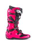 Alpinestars Tech 7-stövlar, motocross- och terrängstövlar, Diva Pink och svart, blankt rosa TPU-skal med svarta detaljer, fyra justerbara svarta spännen, förstärkt benskydd, professionell racingutrustning