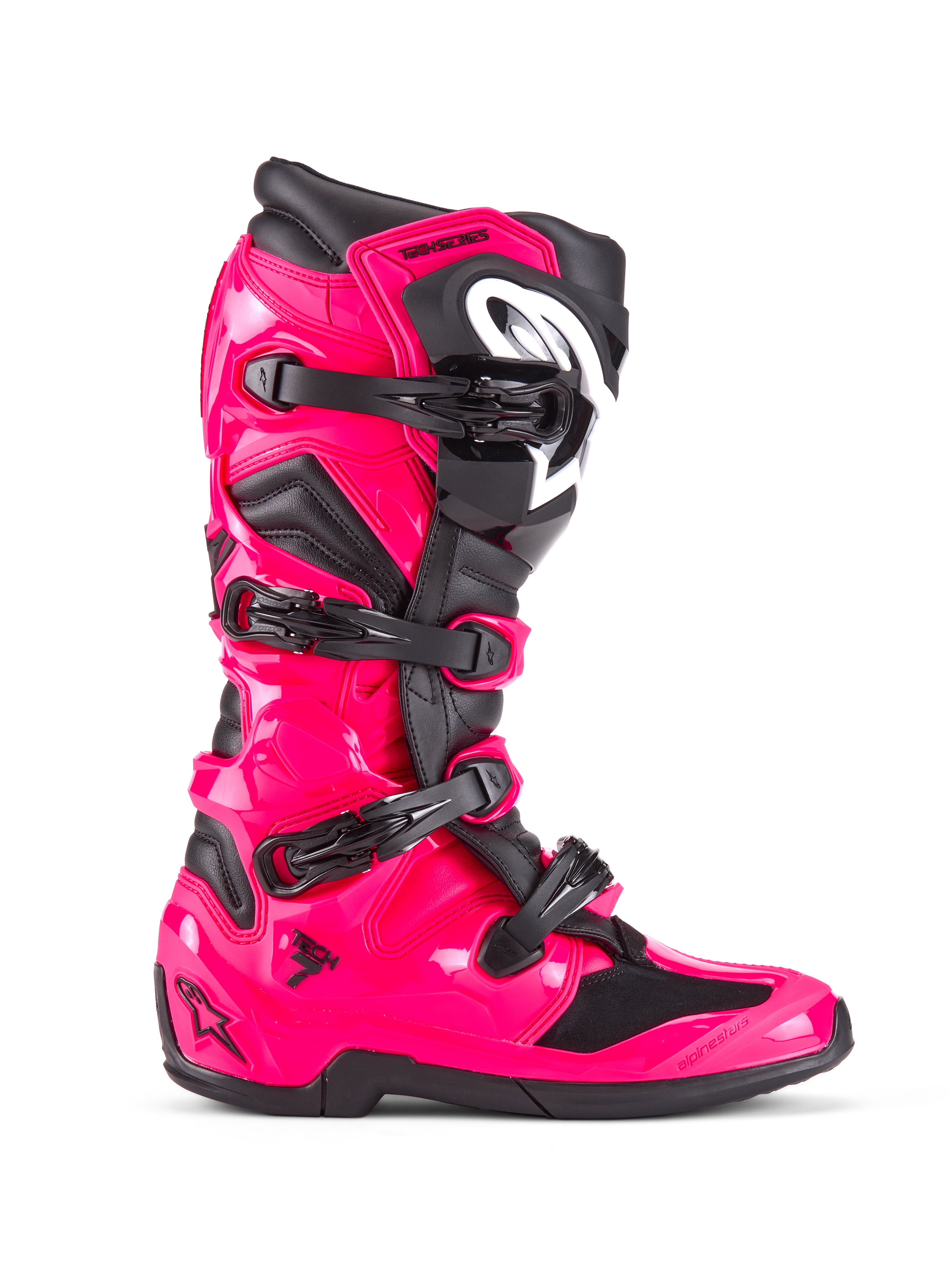 Alpinestars Tech 7-stövlar, motocross- och terrängstövlar, Diva Pink och svart, blankt rosa TPU-skal med svarta detaljer, fyra justerbara svarta spännen, förstärkt benskydd, professionell racingutrustning