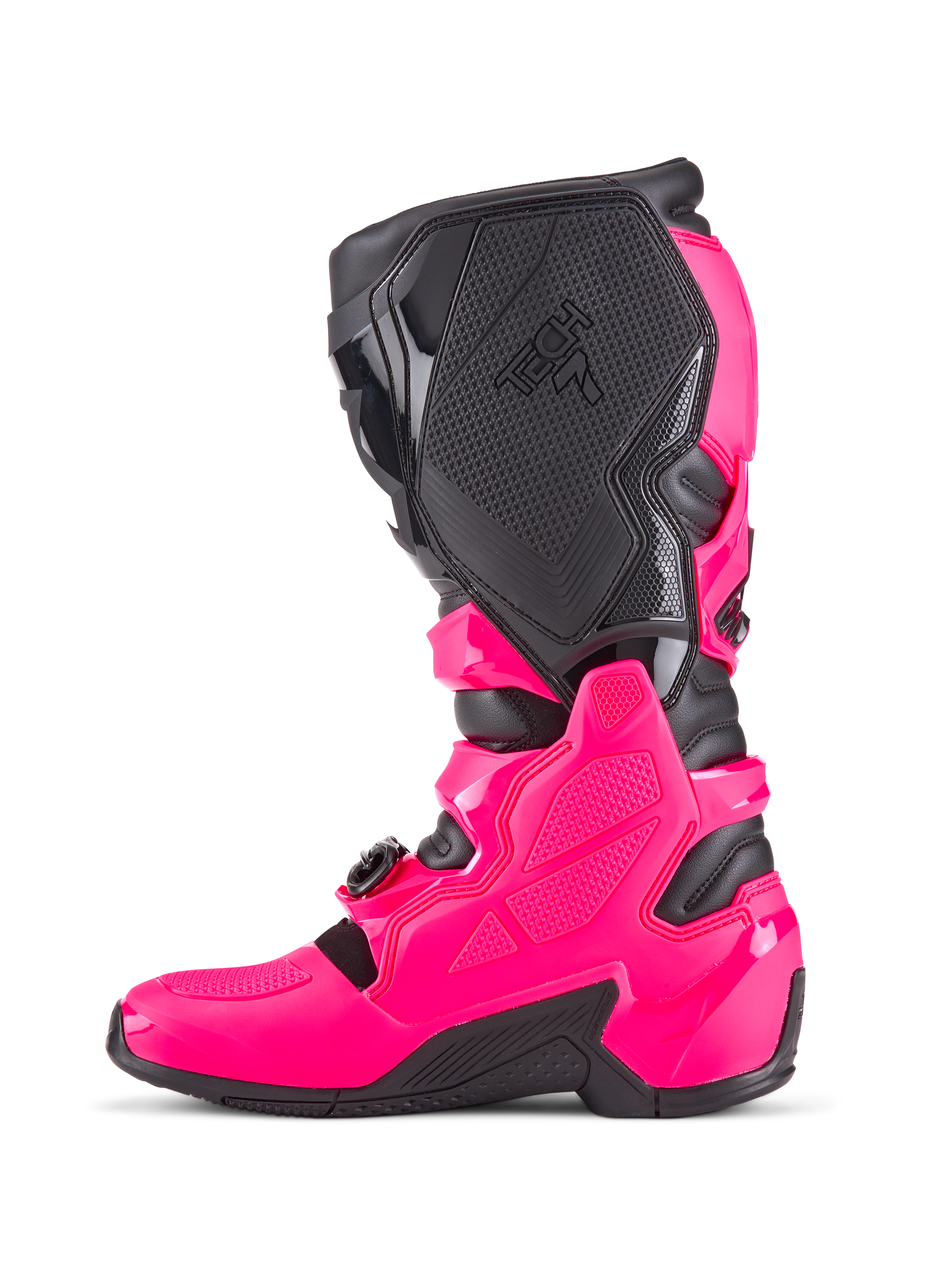 Alpinestars Tech 7 motocross-stövlar, Diva Pink och svart, sidoprofil med skyddande TPU-skal, texturerade mediala greppaneler med Tech 7-logotyp, robust svart sula, högpresterande skor för terrängracing