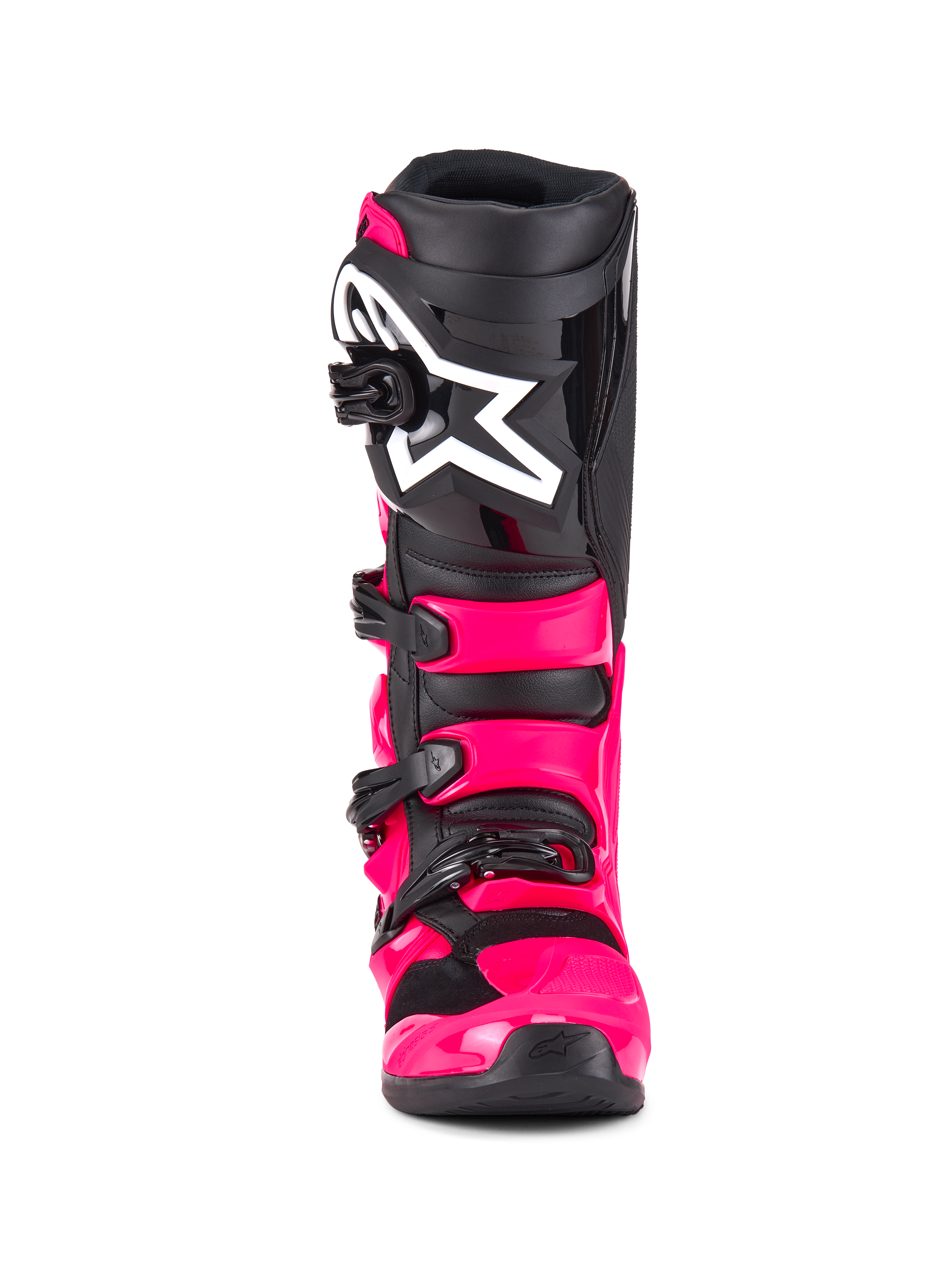 Alpinestars Tech 7-stövlar, motocross-stövlar, Diva Pink Black, vy framifrån, med ett starkrosa TPU-skal och remmar, svart skenbensplatta med en stor vit Alpinestars-stjärnlogotyp och säkra svarta spännen.