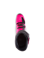 Alpinestars Tech 7-stövlar, motocross-stövlar, Diva Pink och svart, vy uppifrån in i det inre fodret, visar det rosa TPU-ytterskalet och detaljer på spännet, konstruerade för prestanda i terräng