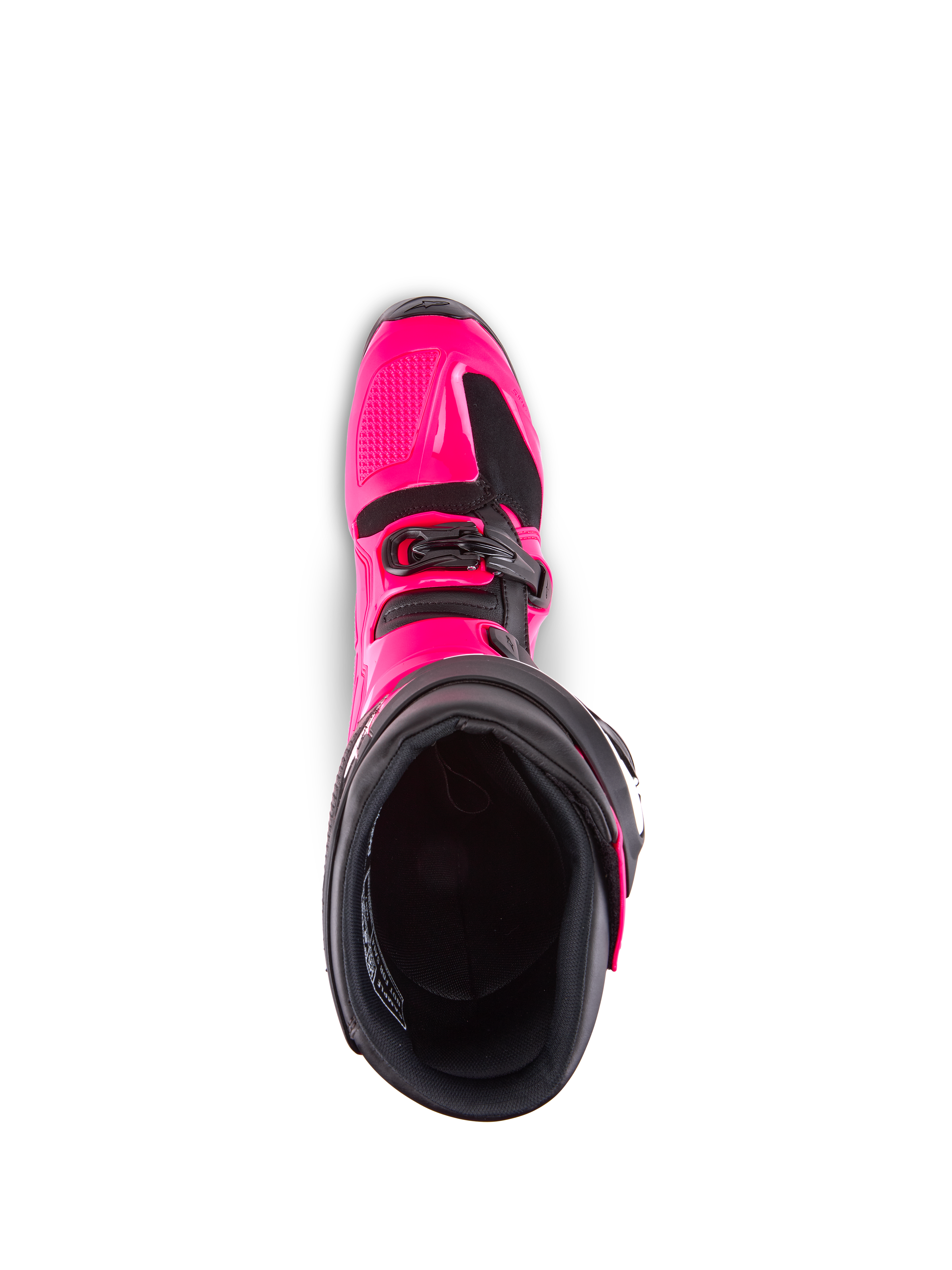 Alpinestars Tech 7-stövlar, motocross-stövlar, Diva Pink och svart, vy uppifrån in i det inre fodret, visar det rosa TPU-ytterskalet och detaljer på spännet, konstruerade för prestanda i terräng