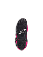 Alpinestars Tech 7-stövlar, motocross-stövlar, Diva Pink och svart, undersida av yttersulan som visar den svarta texturerade gummisulan, vit Alpinestars-logotyp och slitageindikator, högpresterande terrängstövlar