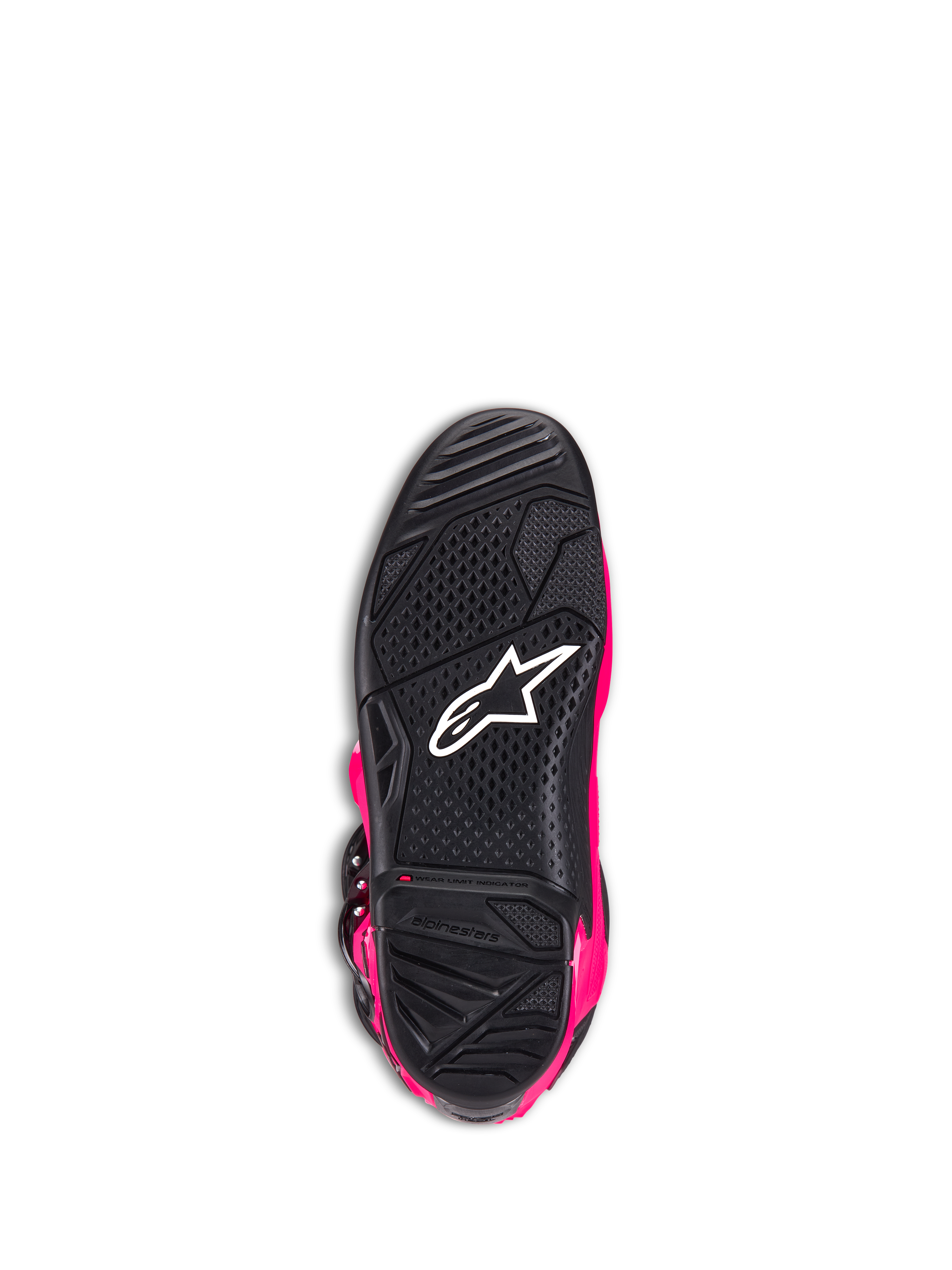 Alpinestars Tech 7-stövlar, motocross-stövlar, Diva Pink och svart, undersida av yttersulan som visar den svarta texturerade gummisulan, vit Alpinestars-logotyp och slitageindikator, högpresterande terrängstövlar