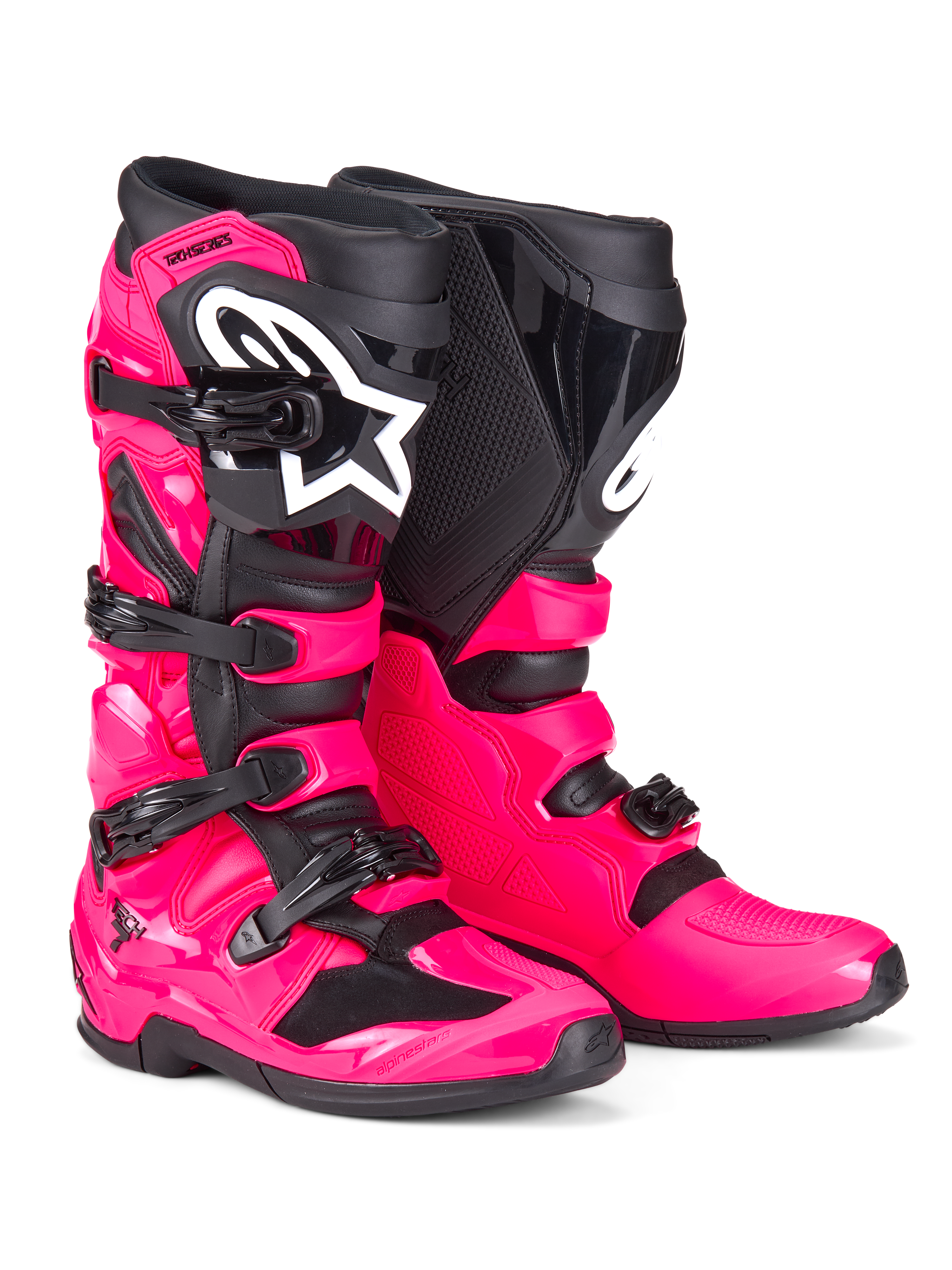 Alpinestars Tech 7-stövlar, motocross-stövlar, Diva Pink och svarta, med ett robust TPU-skal, stängningssystem med fyra spännen och en framträdande vit Alpinestars-logotyp, högpresterande terrängskodon