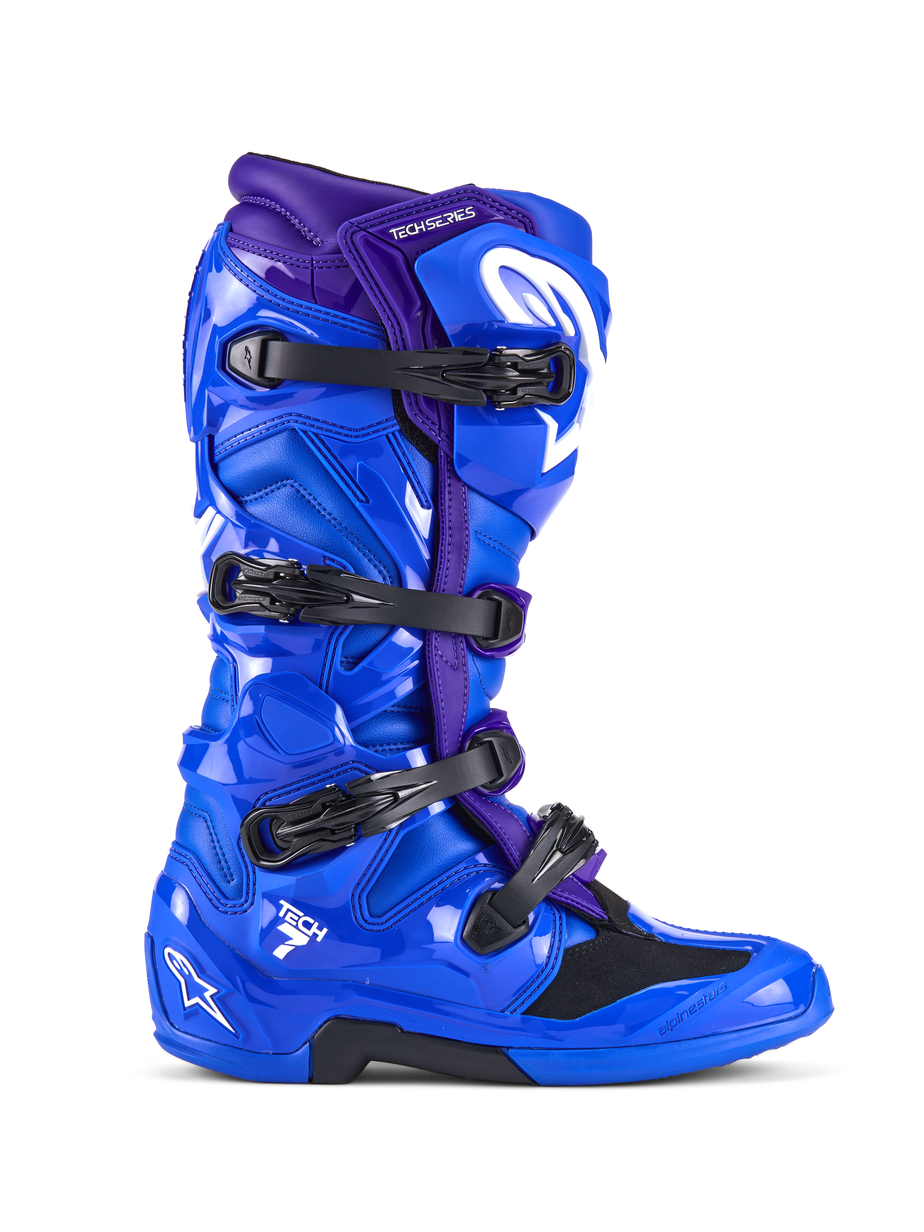 Alpinestars Tech 7 Boots, Motocross Boots, Blue and Purple, featuring four black buckles, glossy TPU protective shell with white Alpinestars logo branding, durable off-road racing footwear