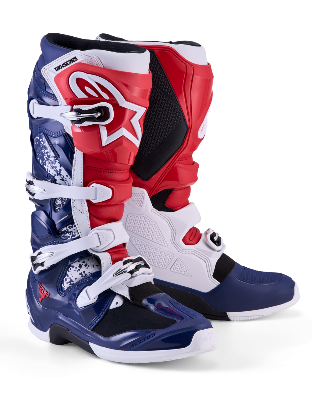Alpinestars Tech 7 Limited Edition Unity stövlar, röda, vita och blå motocrossstövlar med TPU-skydd och spännen.