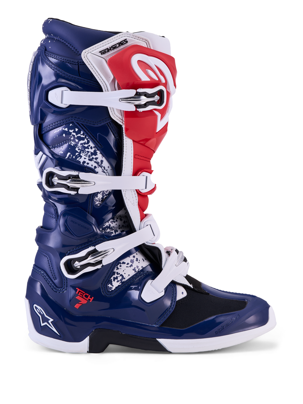 Alpinestars Tech 7 Unity motocrossstövlar för herr, röda, vita och blåa med skyddande TPU-skal och spännen.