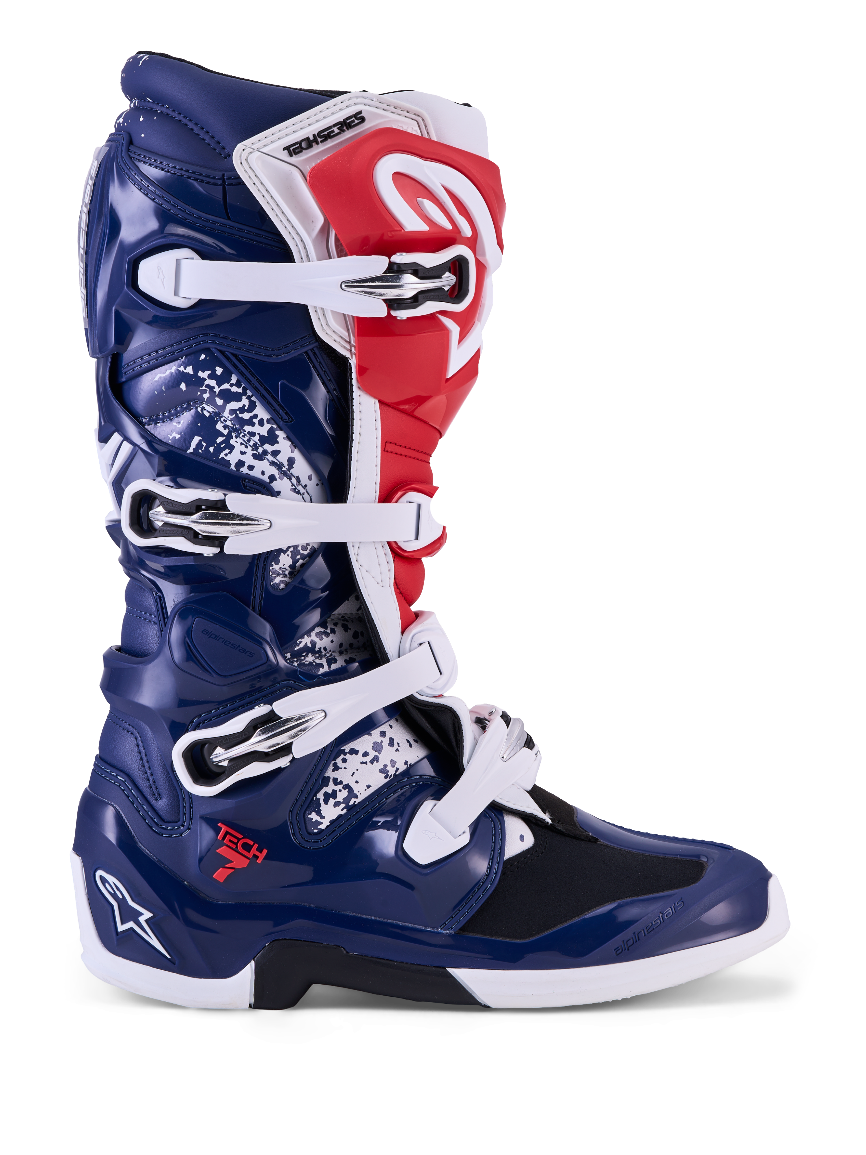 Alpinestars Tech 7 Unity motocrossstövlar för herr, röda, vita och blåa med skyddande TPU-skal och spännen.