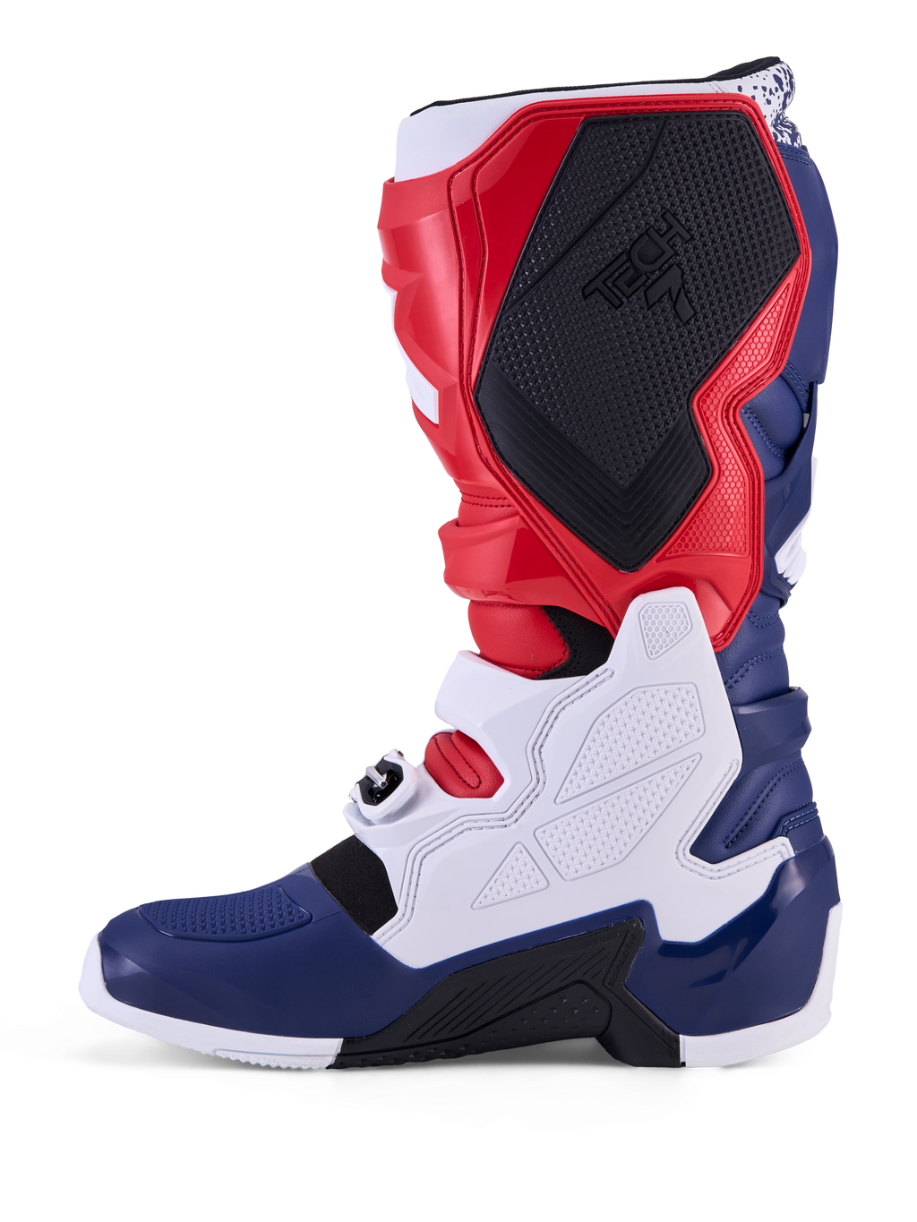 Alpinestars Tech 7 Unity limited edition motocrossstövlar, röda, vita och blå, TPU-paneler och säkra spännen för terrängkörning