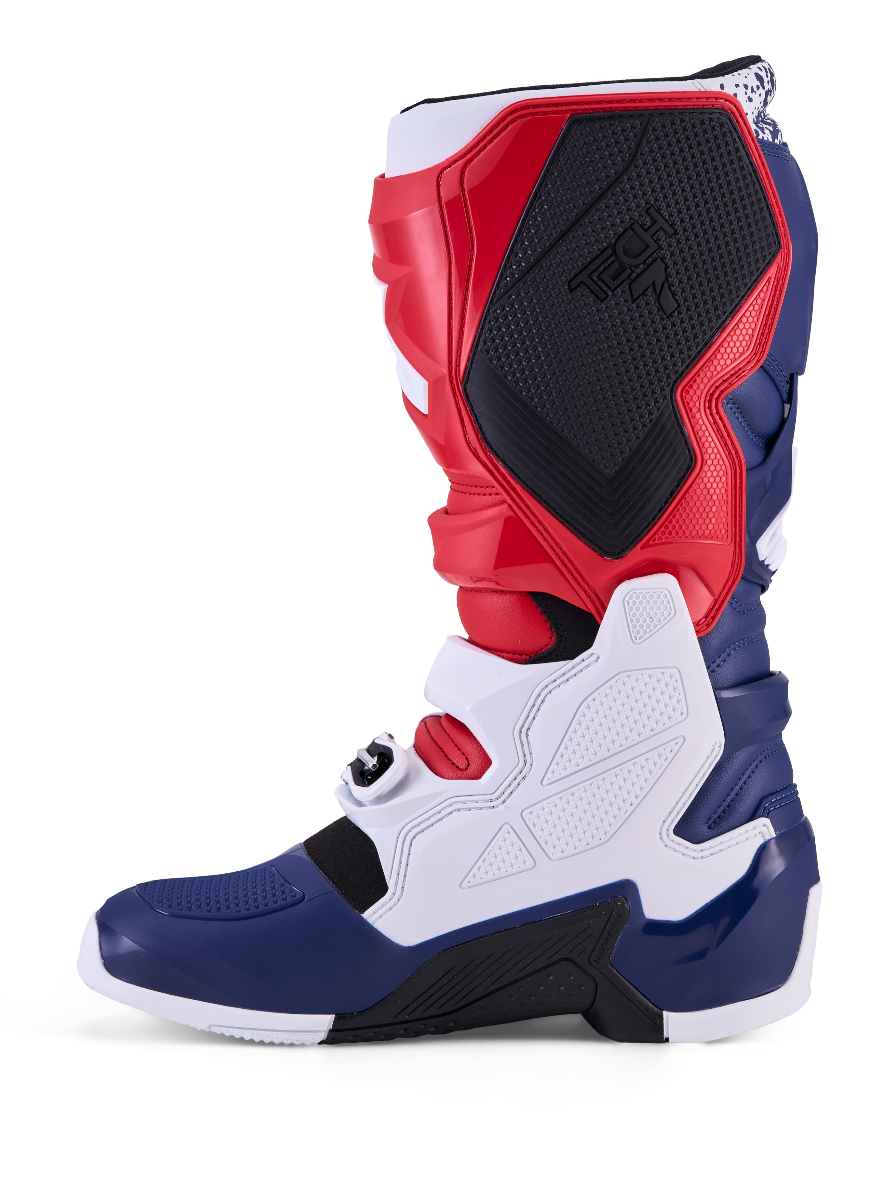 Alpinestars Tech 7 Unity limited edition motocrossstövlar, röda, vita och blå, TPU-paneler och säkra spännen för terrängkörning