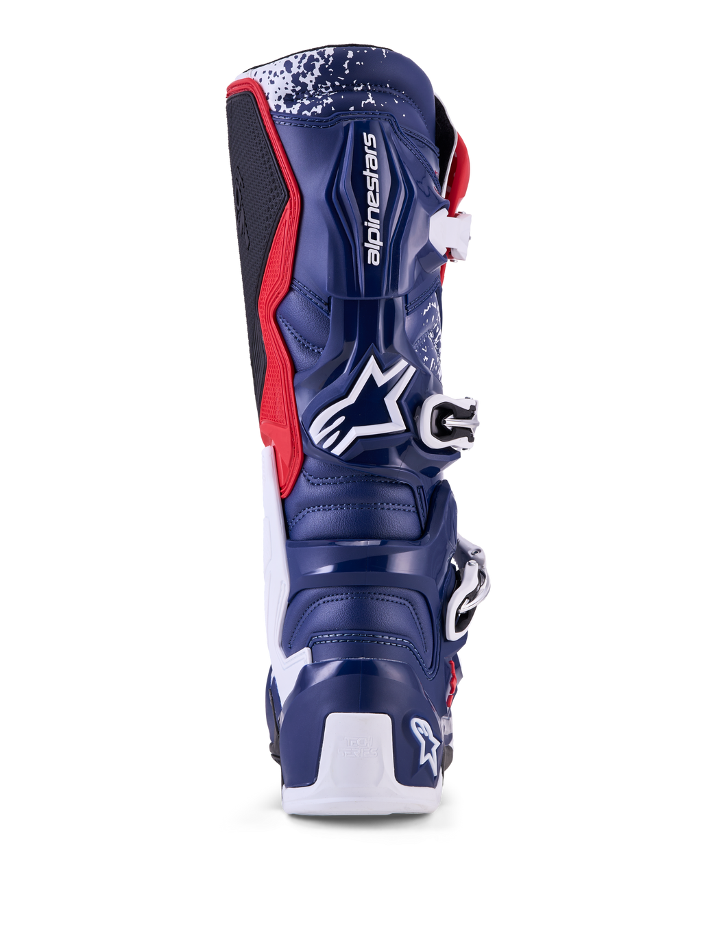 Alpinestars Tech 7 Limited Edition Unity motocross-stövlar, blå och vita, vy bakifrån med skyddande TPU-skal.