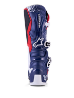 Alpinestars Tech 7 Limited Edition Unity motocross-stövlar, blå och vita, vy bakifrån med skyddande TPU-skal.