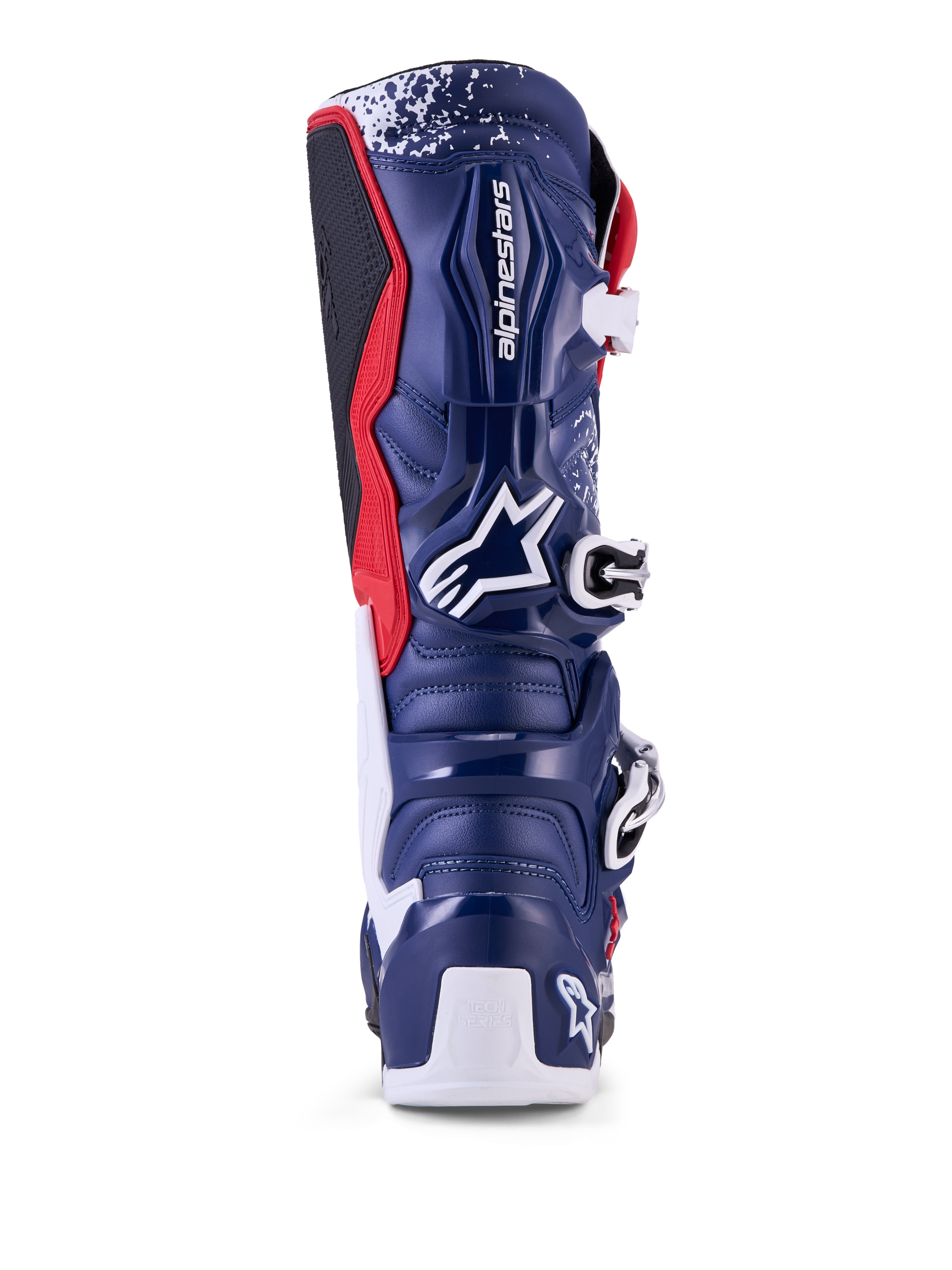 Alpinestars Tech 7 Limited Edition Unity motocross-stövlar, blå och vita, vy bakifrån med skyddande TPU-skal.
