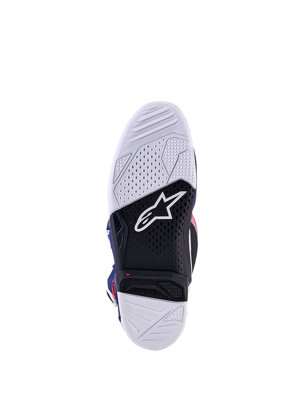 Alpinestars Limited Edition Tech 7 Unity motocrossstövlar, vit och svart sula med slitageindikator och logotyp.