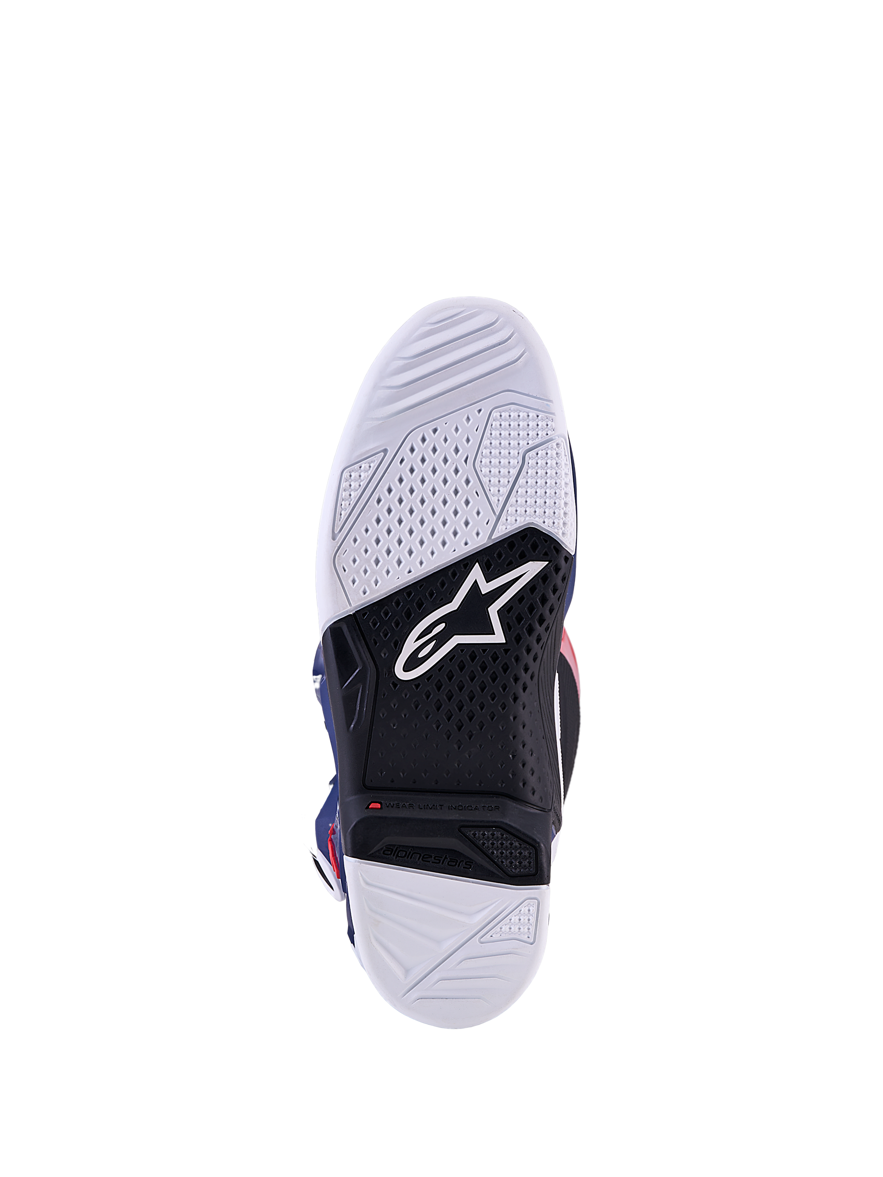 Alpinestars Limited Edition Tech 7 Unity motocrossstövlar, vit och svart sula med slitageindikator och logotyp.