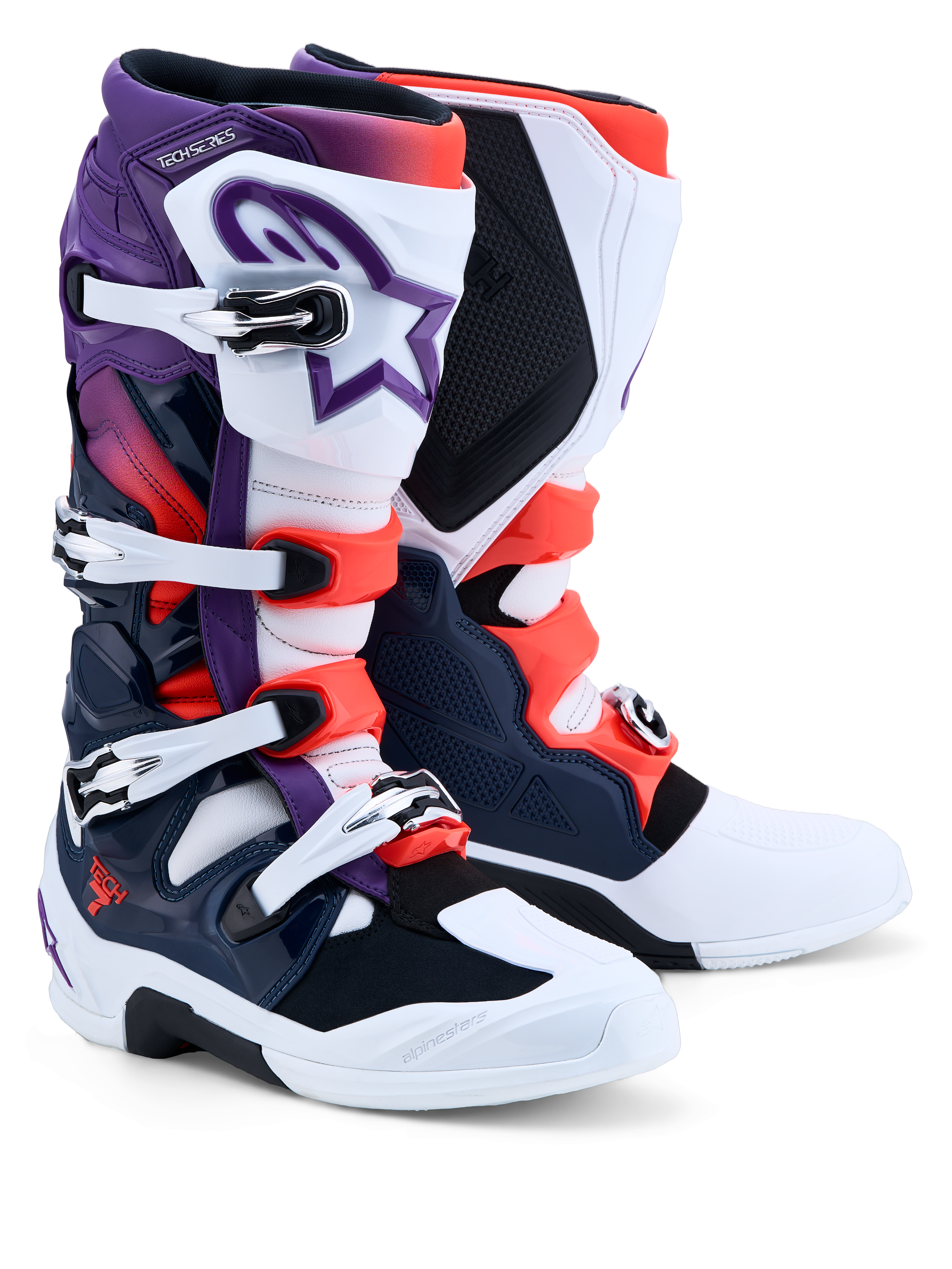 Alpinestars Tech 7 stövlar, motocrossstövlar för herr, lila, vita, mörkblå och röd fluo, CE-certifierade med TPU-skydd