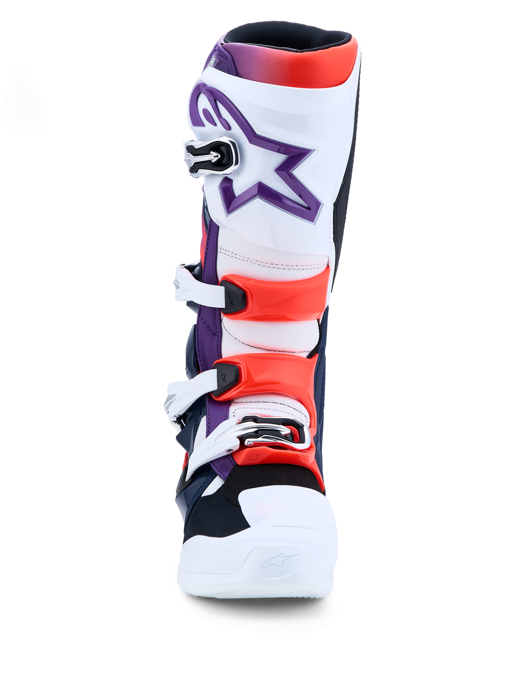 Alpinestars Tech 7 stövlar, lila, vita och röda motocrossstövlar med TPU-skydd och spännen, CE-certifierade för terrängkörning.