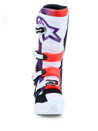 Alpinestars Tech 7 stövlar, lila, vita och röda motocrossstövlar med TPU-skydd och spännen, CE-certifierade för terrängkörning.