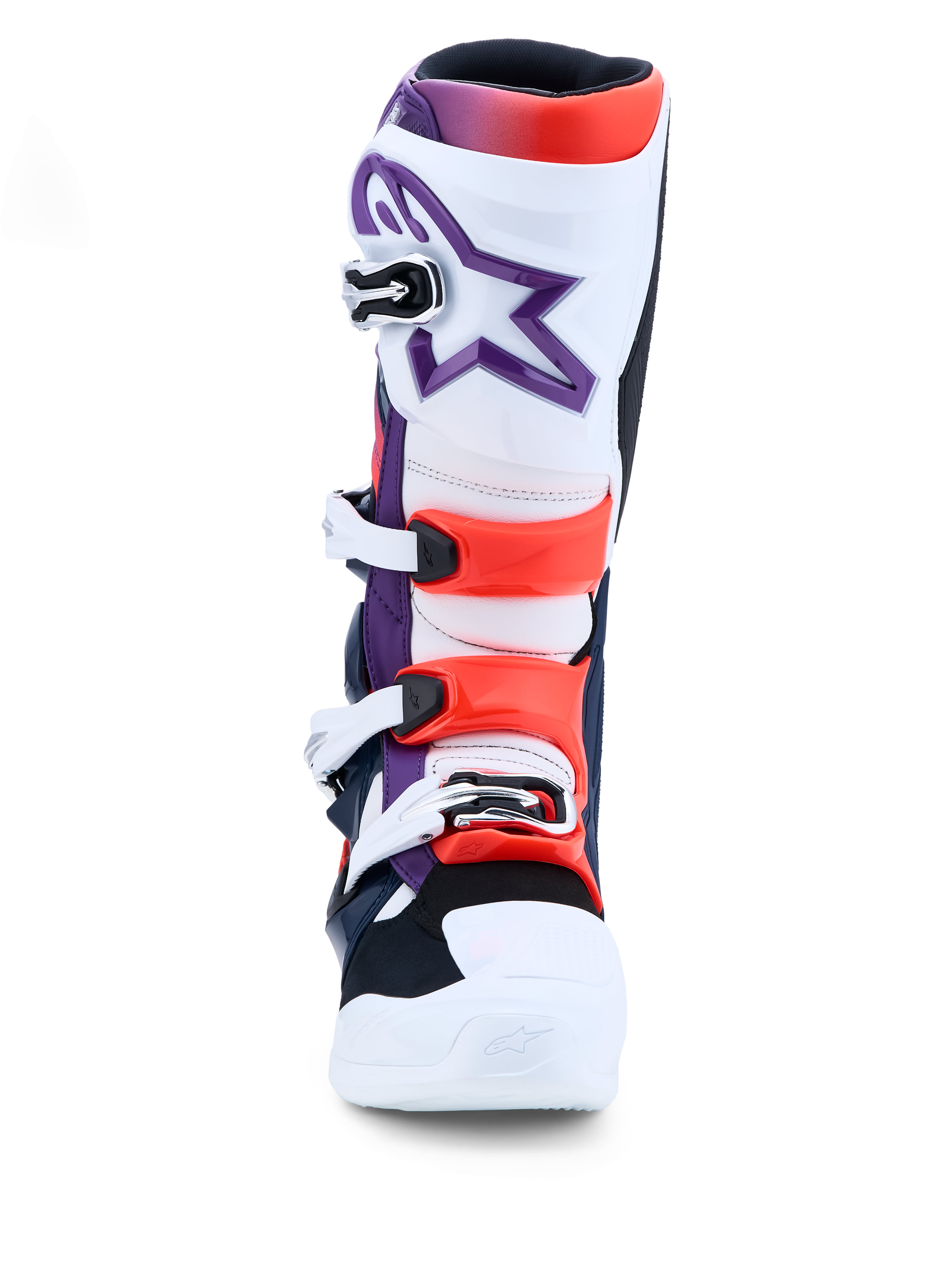 Alpinestars Tech 7 stövlar, lila, vita och röda motocrossstövlar med TPU-skydd och spännen, CE-certifierade för terrängkörning.