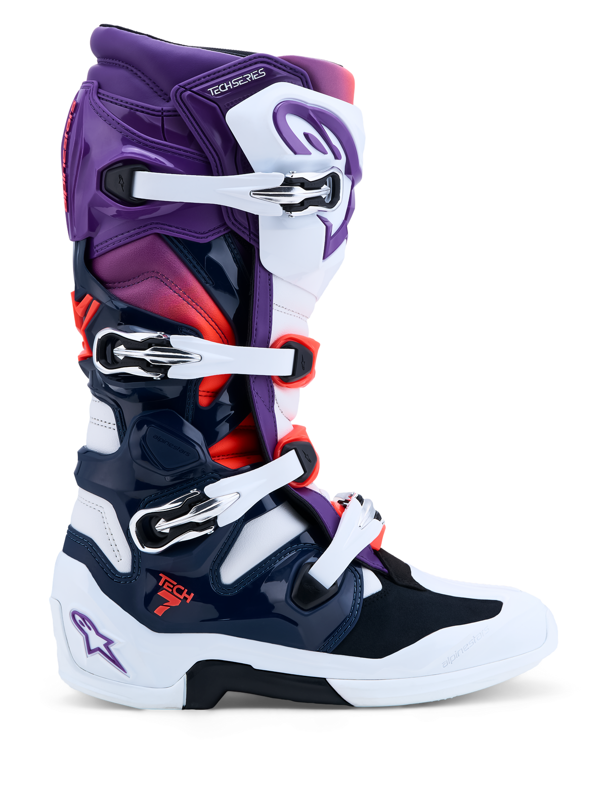 Alpinestars Tech 7 stövlar, motocrossstövlar i lila, vitt och mörkblått, med dubbelt pivotsystem och CE-certifierat skydd.