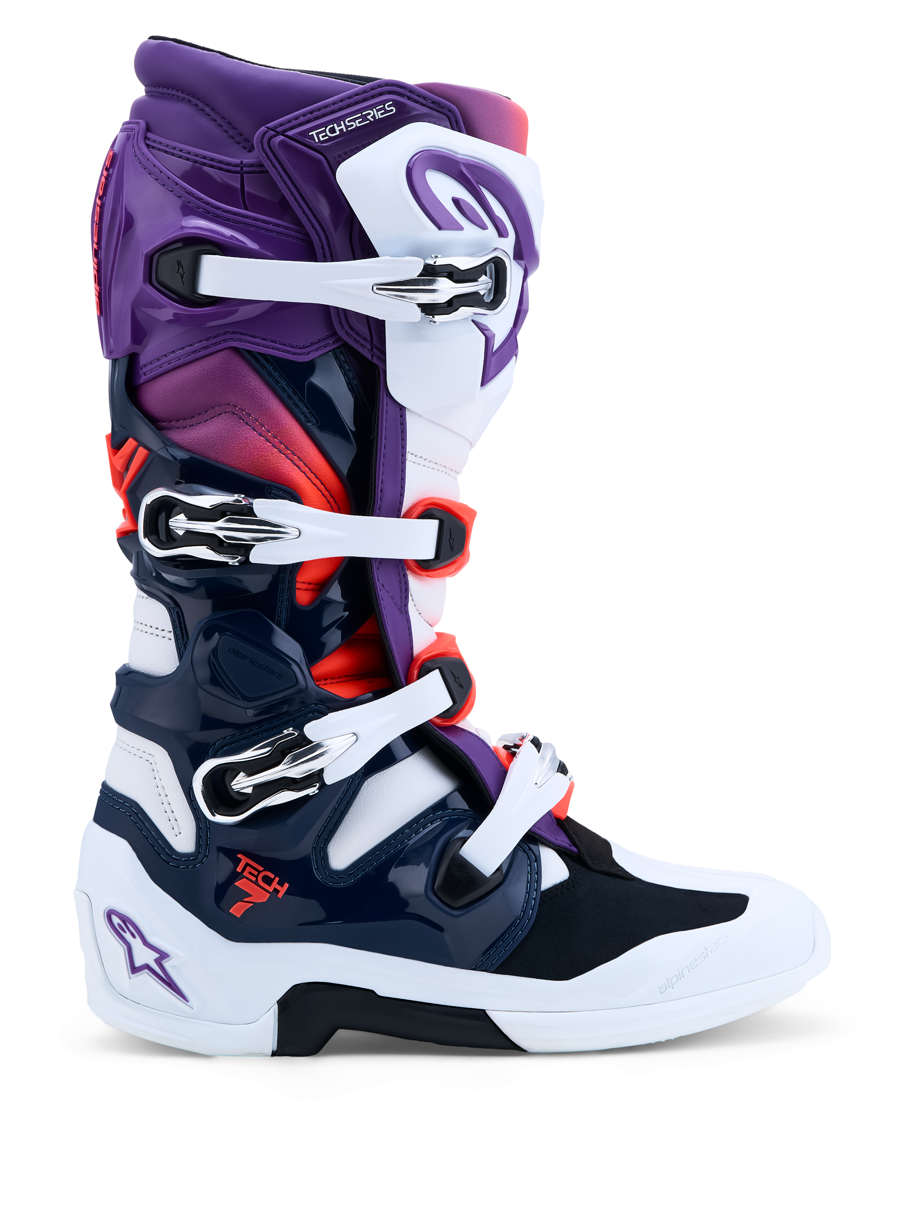 Alpinestars Tech 7 stövlar, motocrossstövlar i lila, vitt och mörkblått, med dubbelt pivotsystem och CE-certifierat skydd.