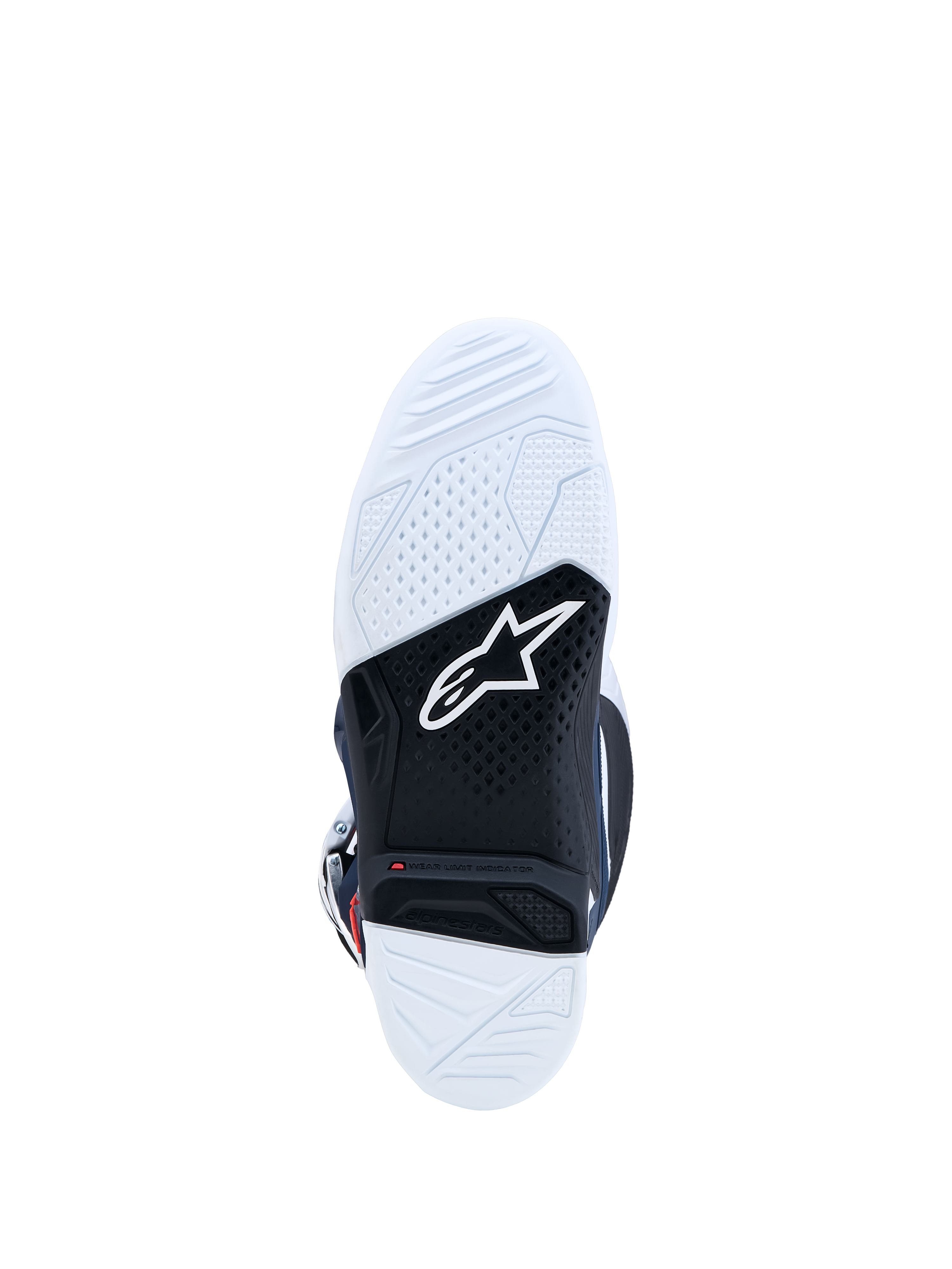 Alpinestars Tech 7 stövlar, vit och svart sula i dubbel gummiblandning med röd slitageindikator för motocross