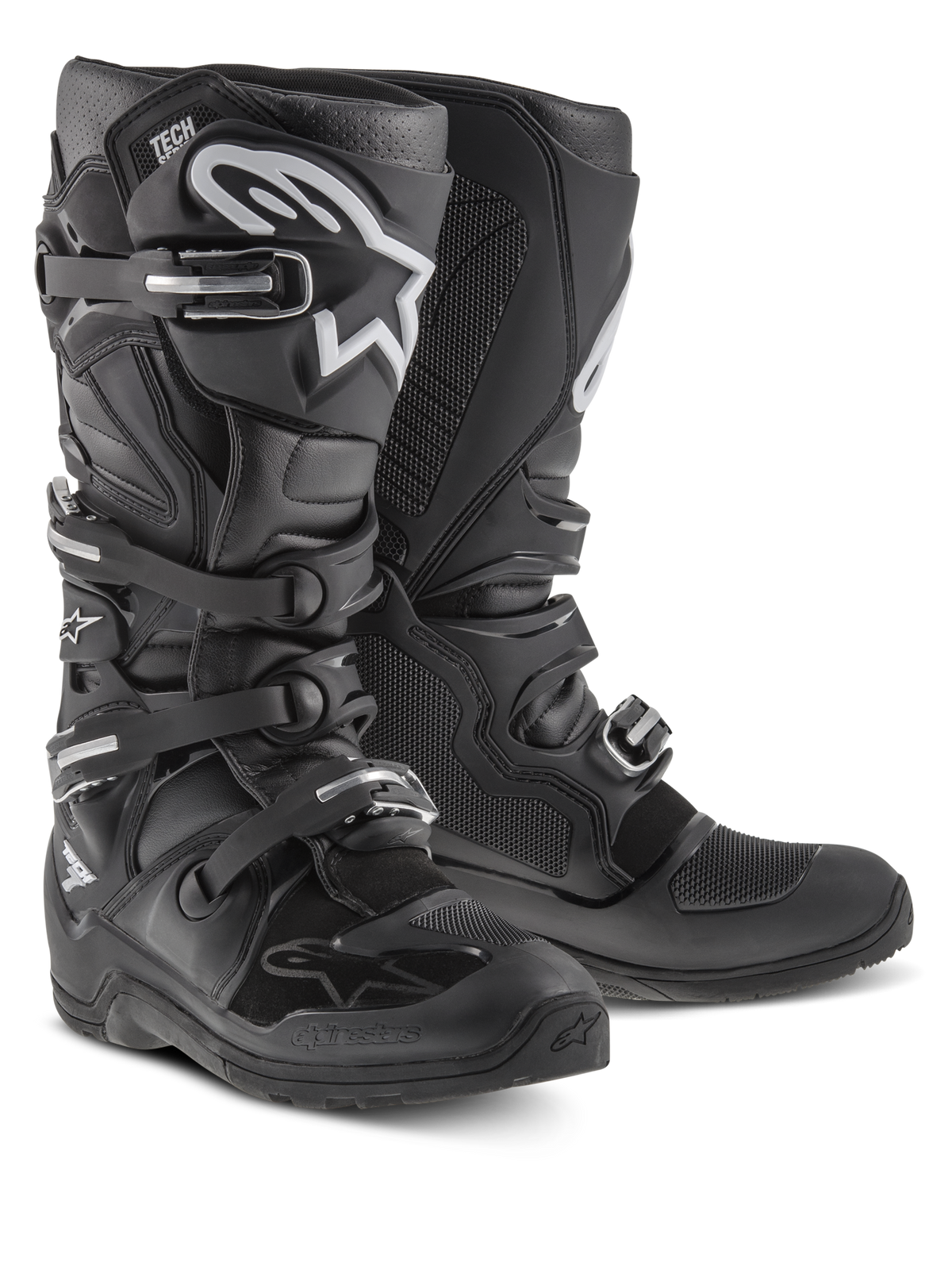 Alpinestars Tech 7 Enduro-stövlar, motocross- och offroadstövlar, svarta med vit Alpinestars-logotyp, med fyra justerbara spännen, TPU-skenbensplatta och slitstark endurospecifik sula