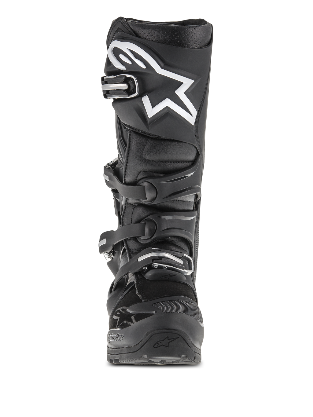 Alpinestars Tech 7 Enduro Boots, Motocross and Enduro Boots, Black, front-facing view featuring a white star logo on the shin, four-buckle closure system, and reinforced protective structure for off-road use