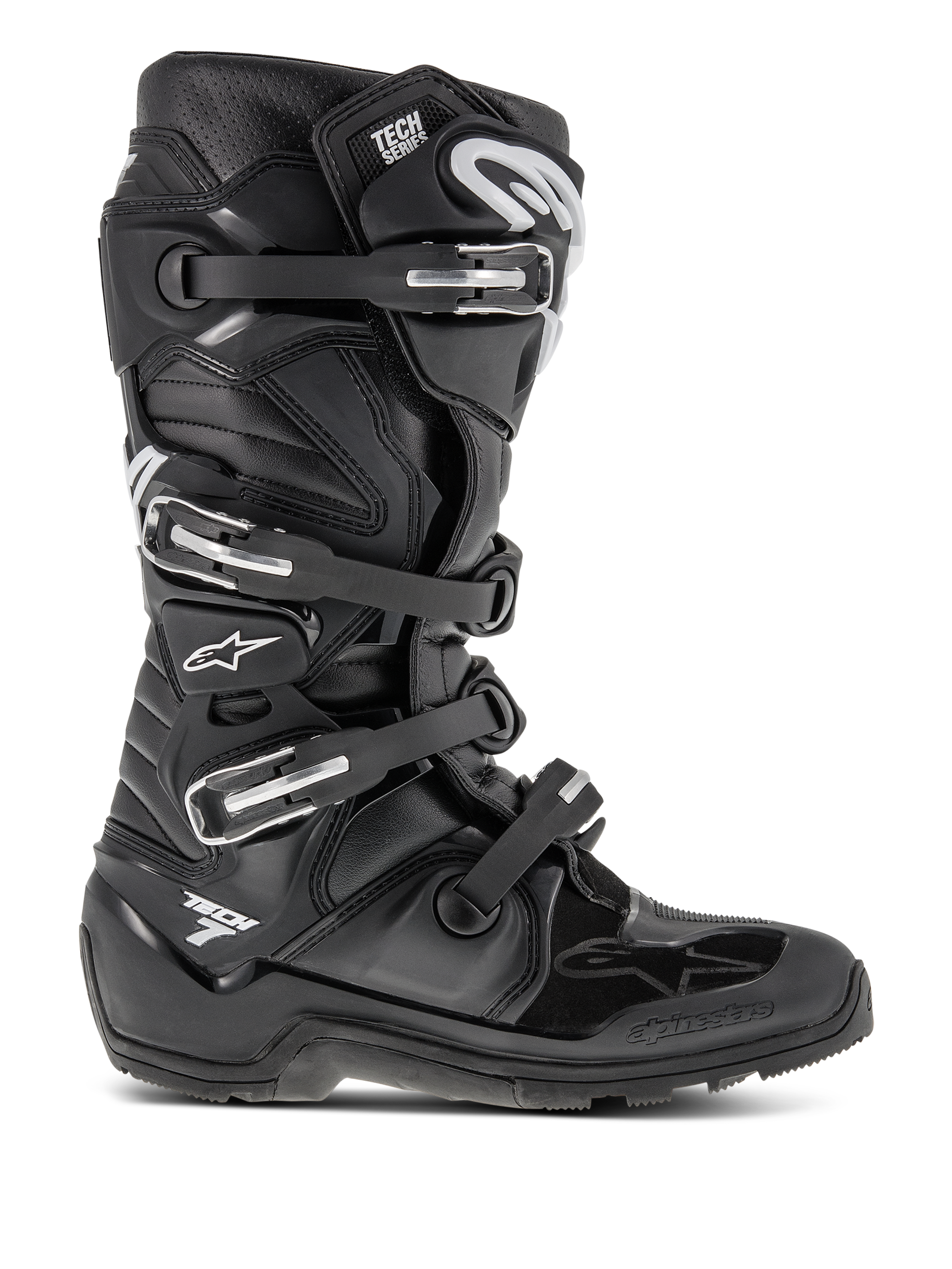 Alpinestars Tech 7 Enduro Boots, svarta motocrossstövlar med fyra justerbara spännen och förstärkt TPU-chassi, grovmönstrad sula för terränggrepp, vit stjärnlogotyp och Tech 7-logotyper, slitstarka högpresterande stövlar för enduro- och terrängkörning