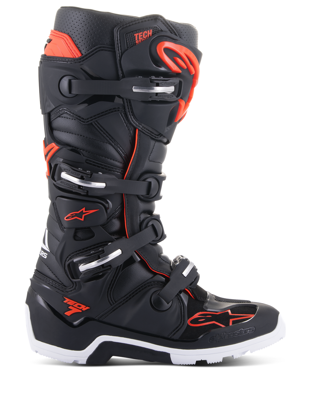 Alpinestars Tech 7 Enduro-stövlar, motocross- och terrängstövlar, svarta och röd fluo, stängningssystem med fyra spännen och silverfärgade detaljer, robust vit och svart sula, Alpinestars-logotyp på tå och sida, professionellt skydd för enduro- och trailkörning