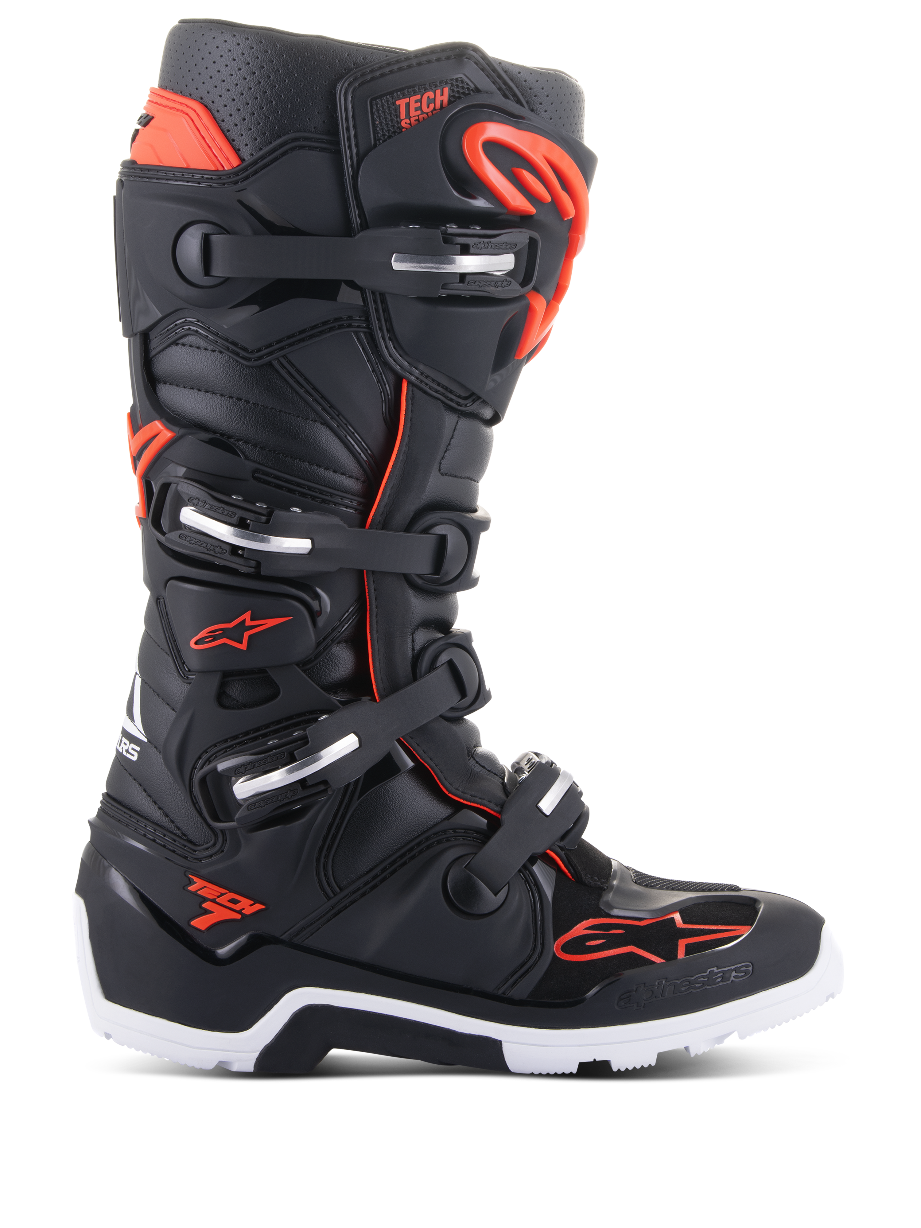Alpinestars Tech 7 Enduro-stövlar, motocross- och terrängstövlar, svarta och röd fluo, stängningssystem med fyra spännen och silverfärgade detaljer, robust vit och svart sula, Alpinestars-logotyp på tå och sida, professionellt skydd för enduro- och trailkörning