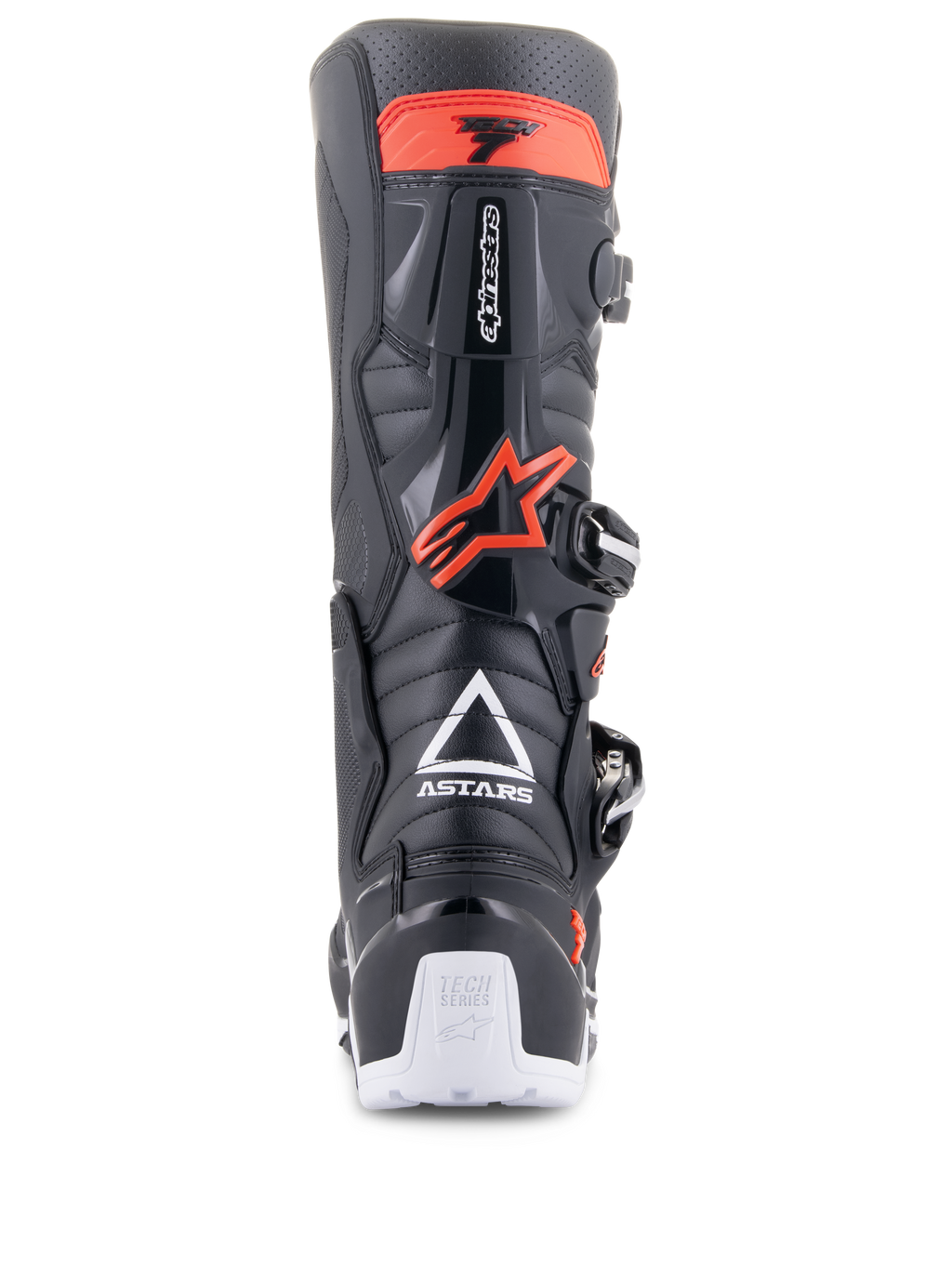 Alpinestars Tech 7 Enduro-stövlar, svarta och röd fluo, vy bakifrån med vit ASTARS-logotyp, rött TPU-vadskydd och vita häldetaljer, slitstarka motorcykelstövlar för terrängkörning