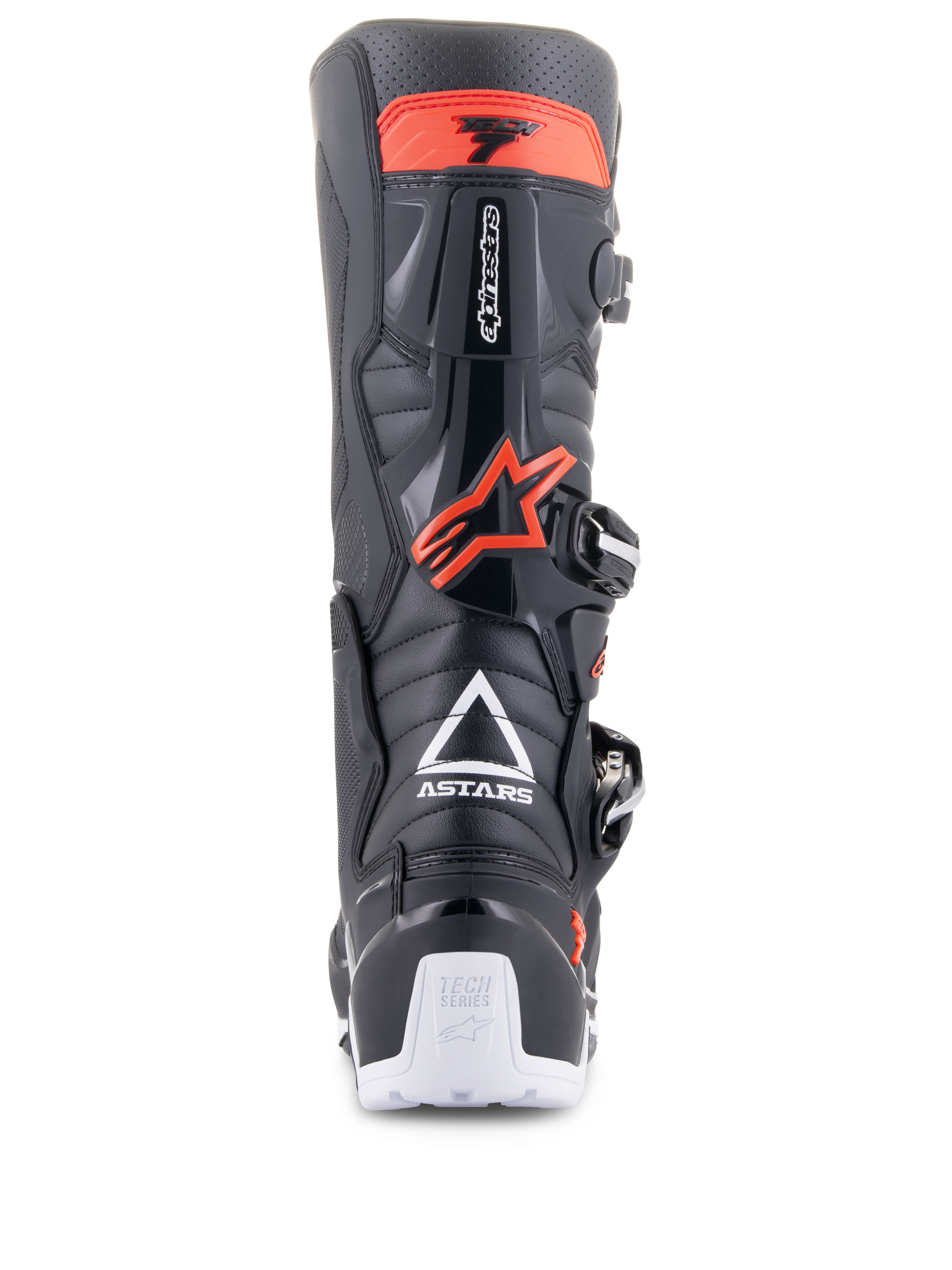 Alpinestars Tech 7 Enduro-stövlar, svarta och röd fluo, vy bakifrån med vit ASTARS-logotyp, rött TPU-vadskydd och vita häldetaljer, slitstarka motorcykelstövlar för terrängkörning