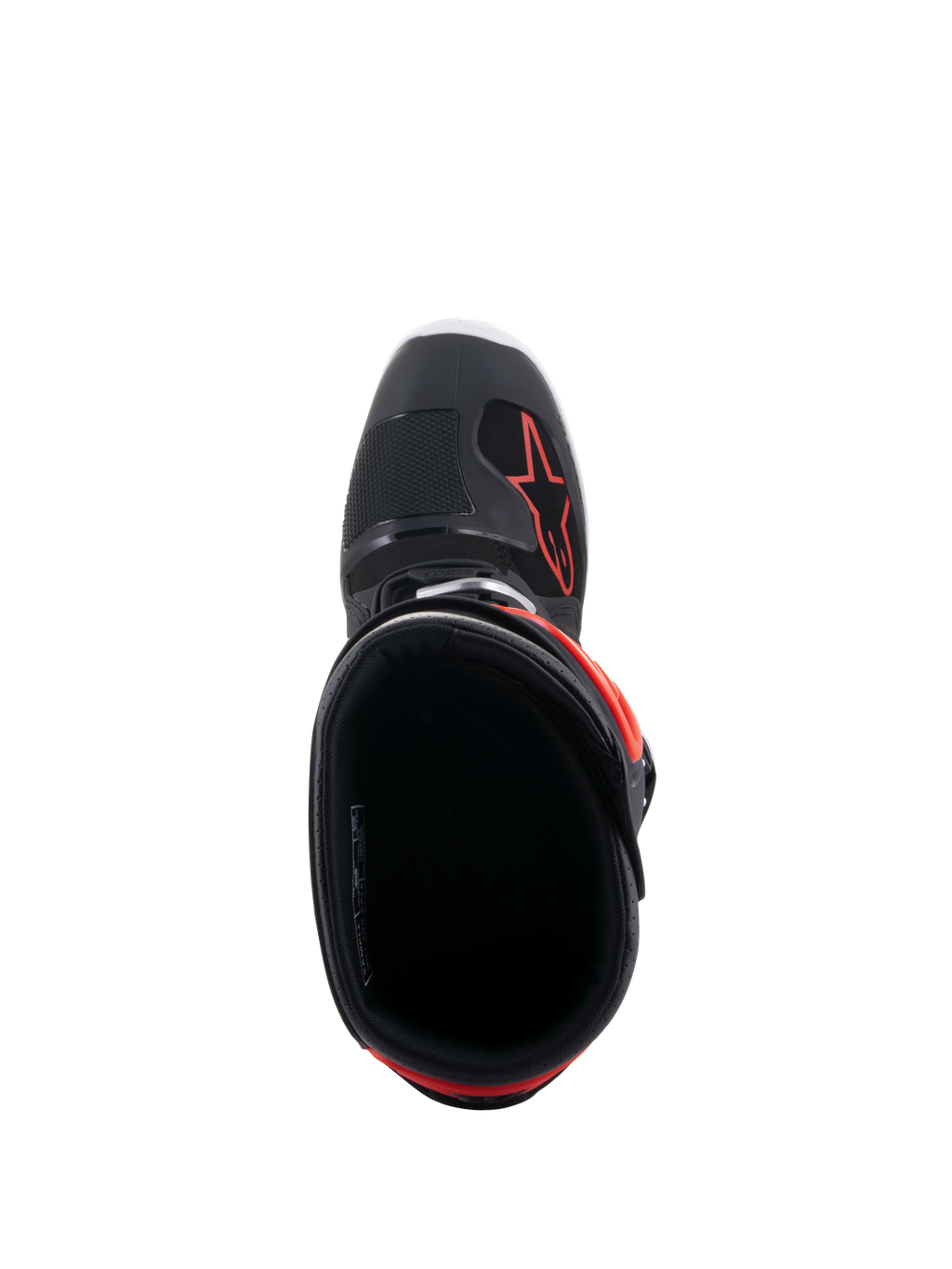 Alpinestars Tech 7 Enduro-stövlar, svarta och röd fluo, vy uppifrån in i stövelöppningen, med svart innerfoder och röd stjärnlogotyp på framfoten
