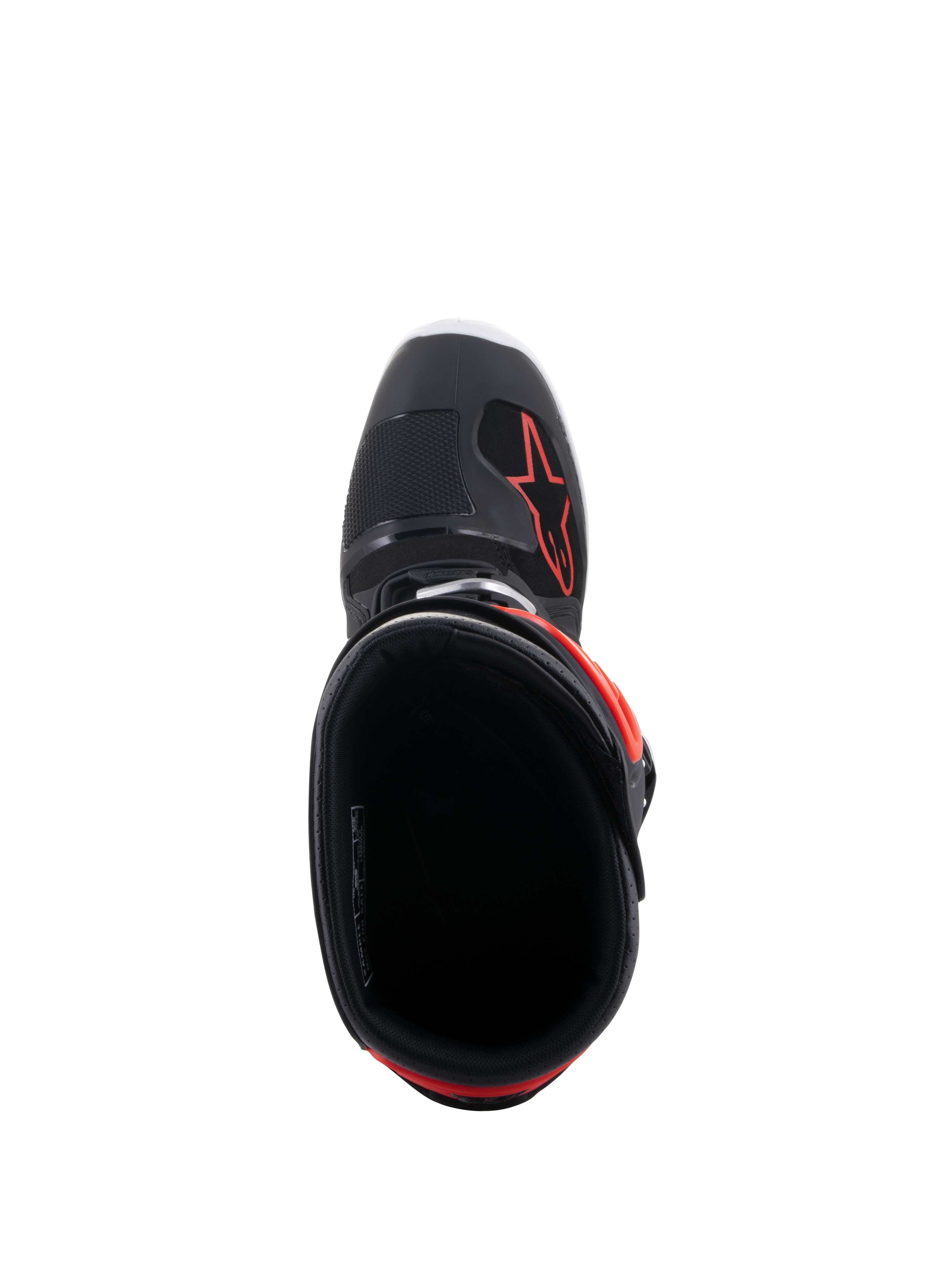 Alpinestars Tech 7 Enduro-stövlar, svarta och röd fluo, vy uppifrån in i stövelöppningen, med svart innerfoder och röd stjärnlogotyp på framfoten