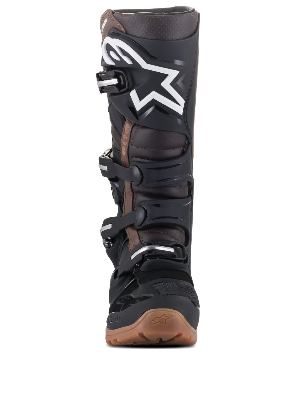 Alpinestars Tech 7 Enduro Boots, Motocross and Enduro Boots, Black and Dark Brown, front view showing white logo on the shin plate, adjustable buckle system, and rugged brown compound sole for off-road grip.