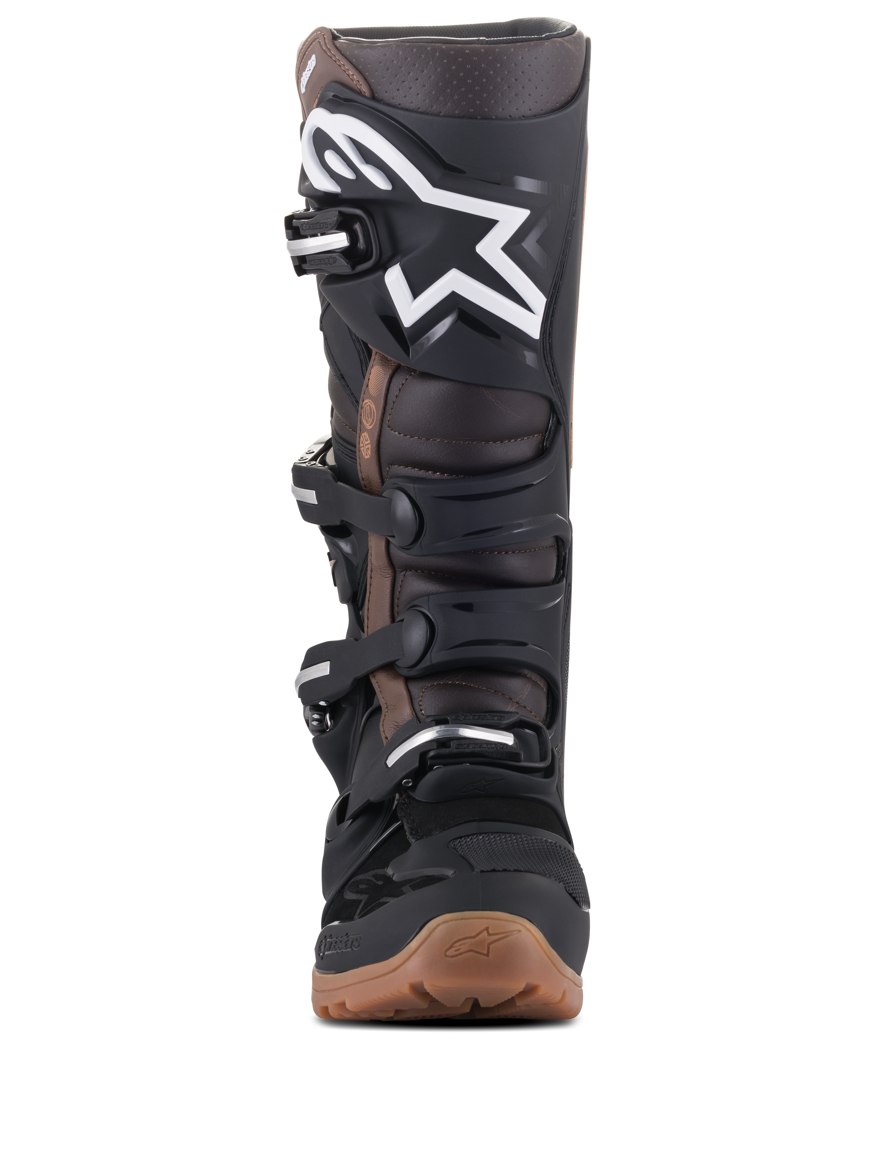 Alpinestars Tech 7 Enduro Boots, Motocross and Enduro Boots, Black and Dark Brown, front view showing white logo on the shin plate, adjustable buckle system, and rugged brown compound sole for off-road grip.