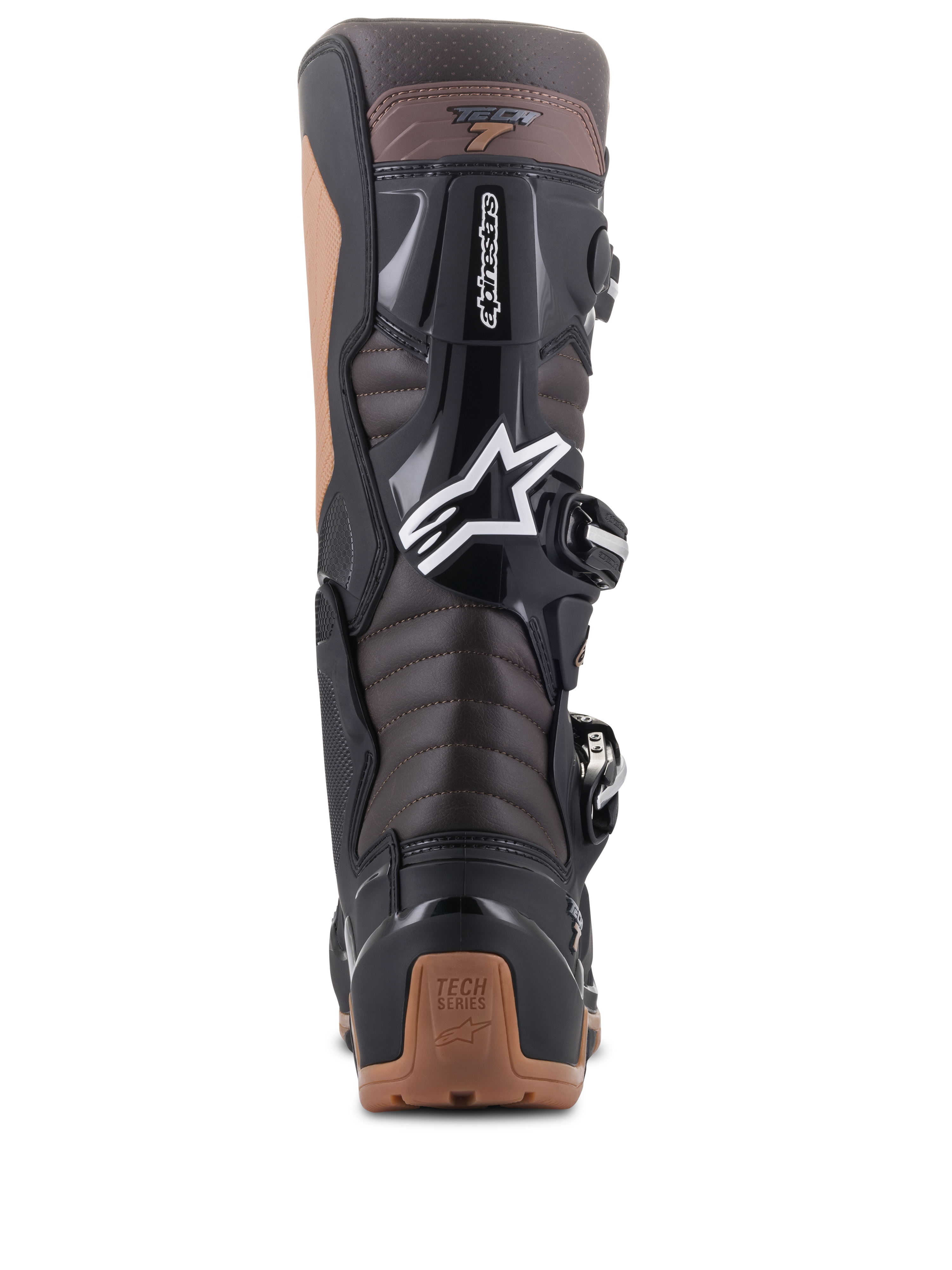 Alpinestars Tech 7 Enduro Boots, Black and Dark Brown, rear view showing the Achilles accordion flex zones and TPU protection, features white Alpinestars star logo and tan heel detailing, rugged design for Enduro and off-road riding.