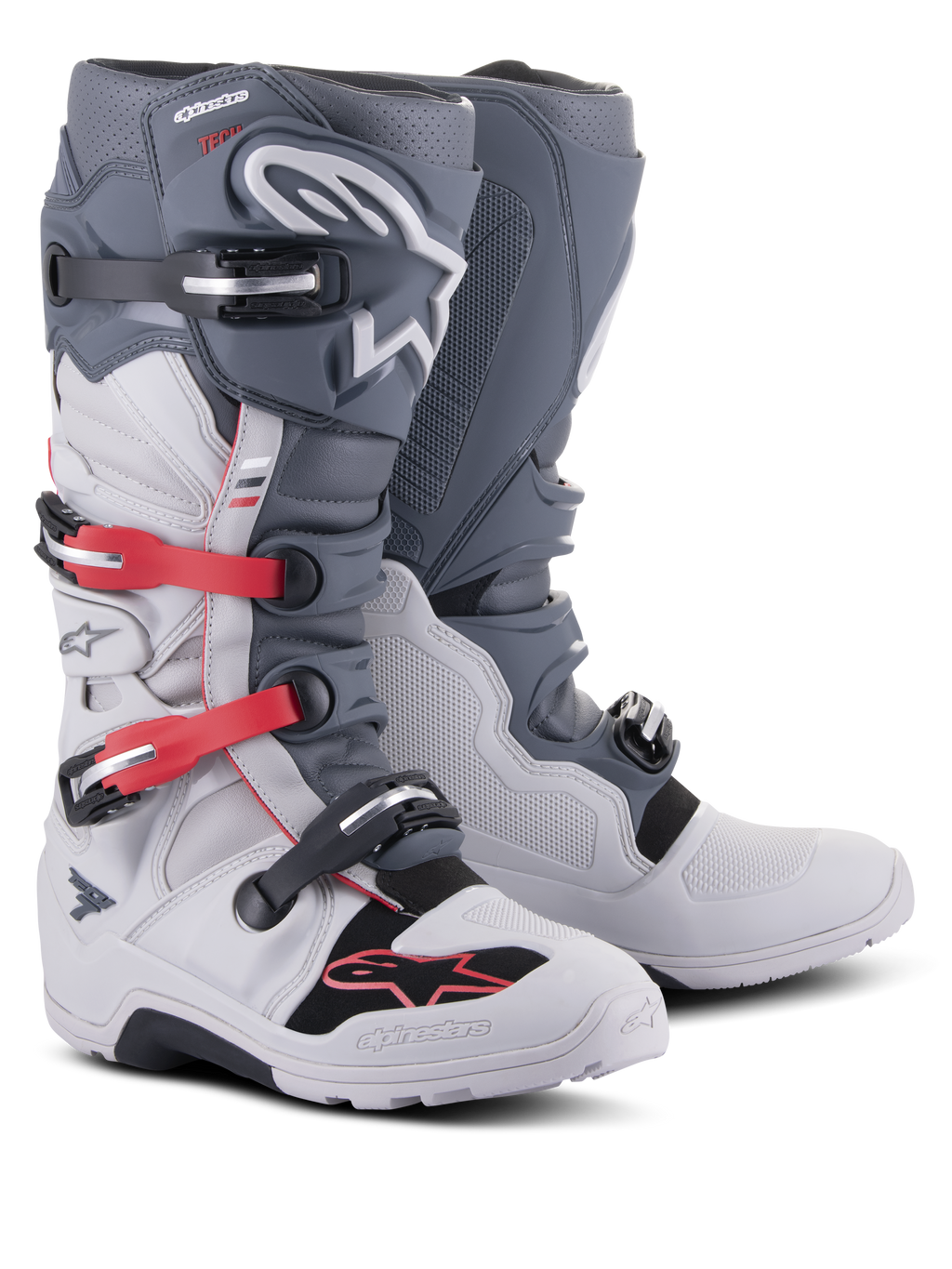 Alpinestars Tech 7 Enduro-stövlar, stövlar för terrängkörning, ljusgrå och mörkgrå med klarröda detaljer, med ett spännsystem med flera spännen och en robust gummiblandad sula designad för enduro- och trailkörning