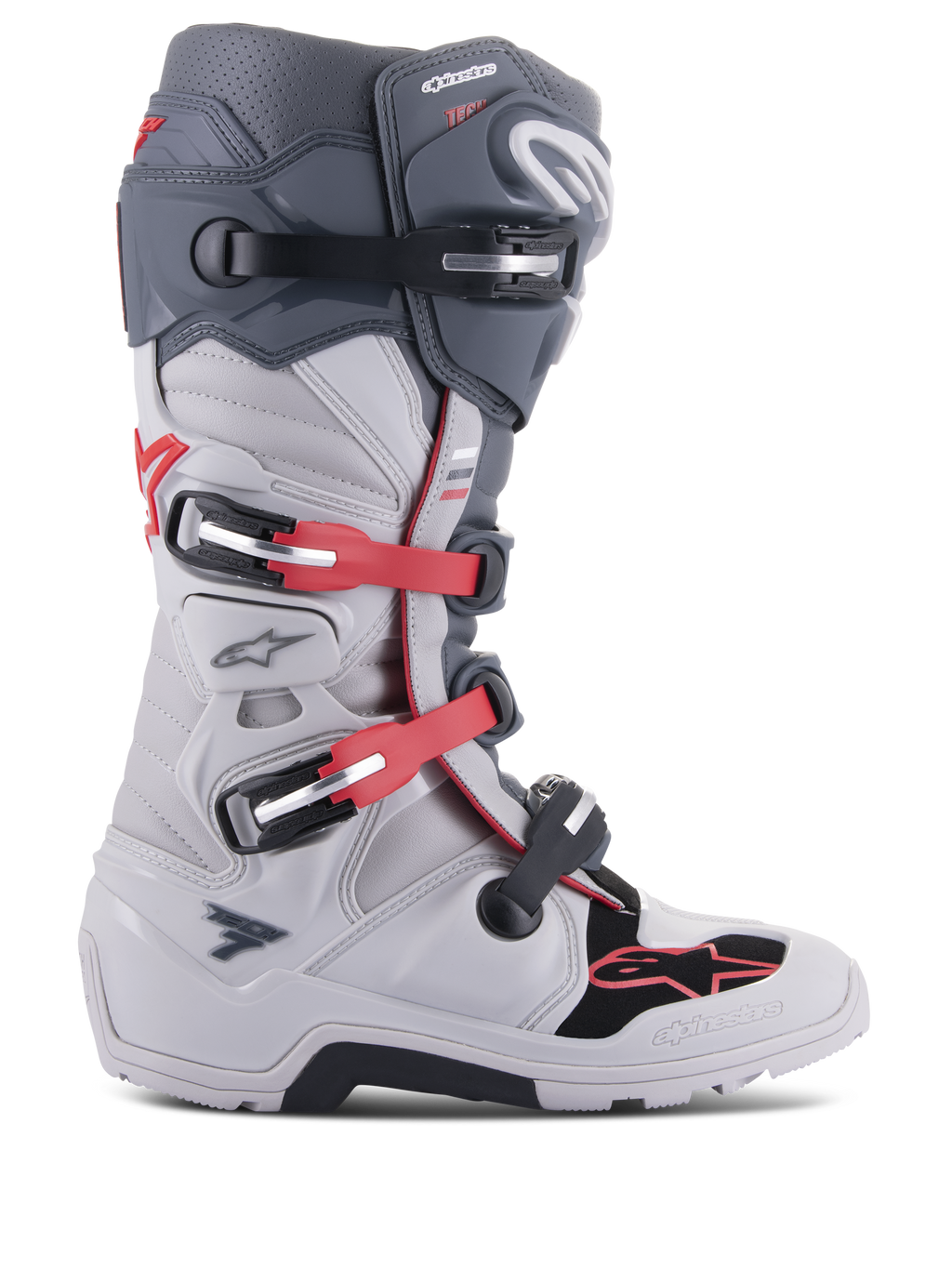 Alpinestars Tech 7 Enduro stövlar, terrängkörningsstövlar, ljusgrå och mörkgrå med klarröda detaljer, sidovy med ett stängningssystem med flera spännen, biomekanisk pivot för stabilitet och förstärkta TPU-skyddspaneler, robust enduro-specifik sula, högpresterande utrustning för motocross och terrängkörning.