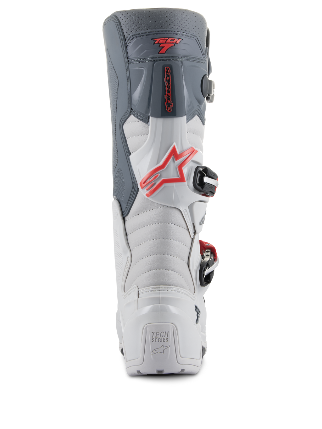 Alpinestars Tech 7 Enduro-stövlar, vy bakifrån, ljusgrå och mörkgrå med klarröda detaljer, med en förstärkt häl med 'TECH SERIES'-märkning, en röd stjärnlogotyp och ett hållbart spännsystem.