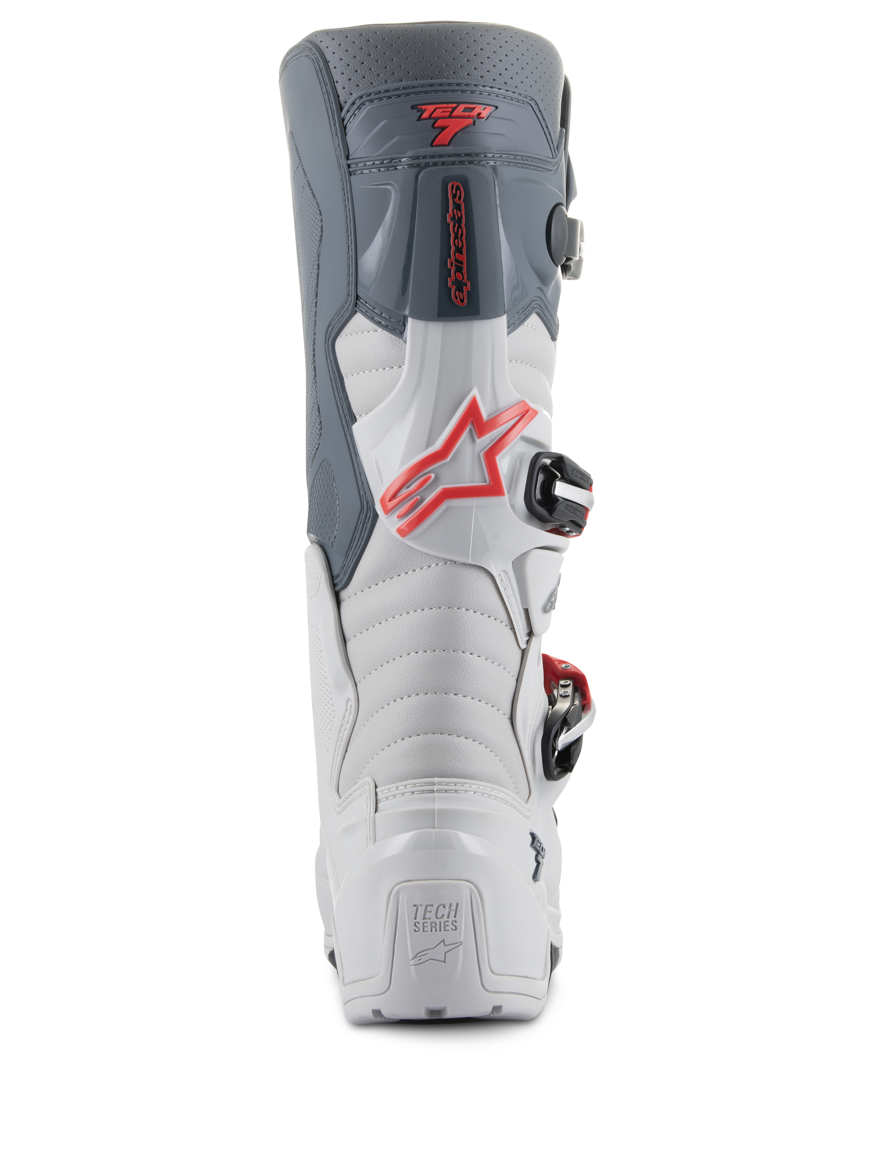 Alpinestars Tech 7 Enduro-stövlar, vy bakifrån, ljusgrå och mörkgrå med klarröda detaljer, med en förstärkt häl med 'TECH SERIES'-märkning, en röd stjärnlogotyp och ett hållbart spännsystem.