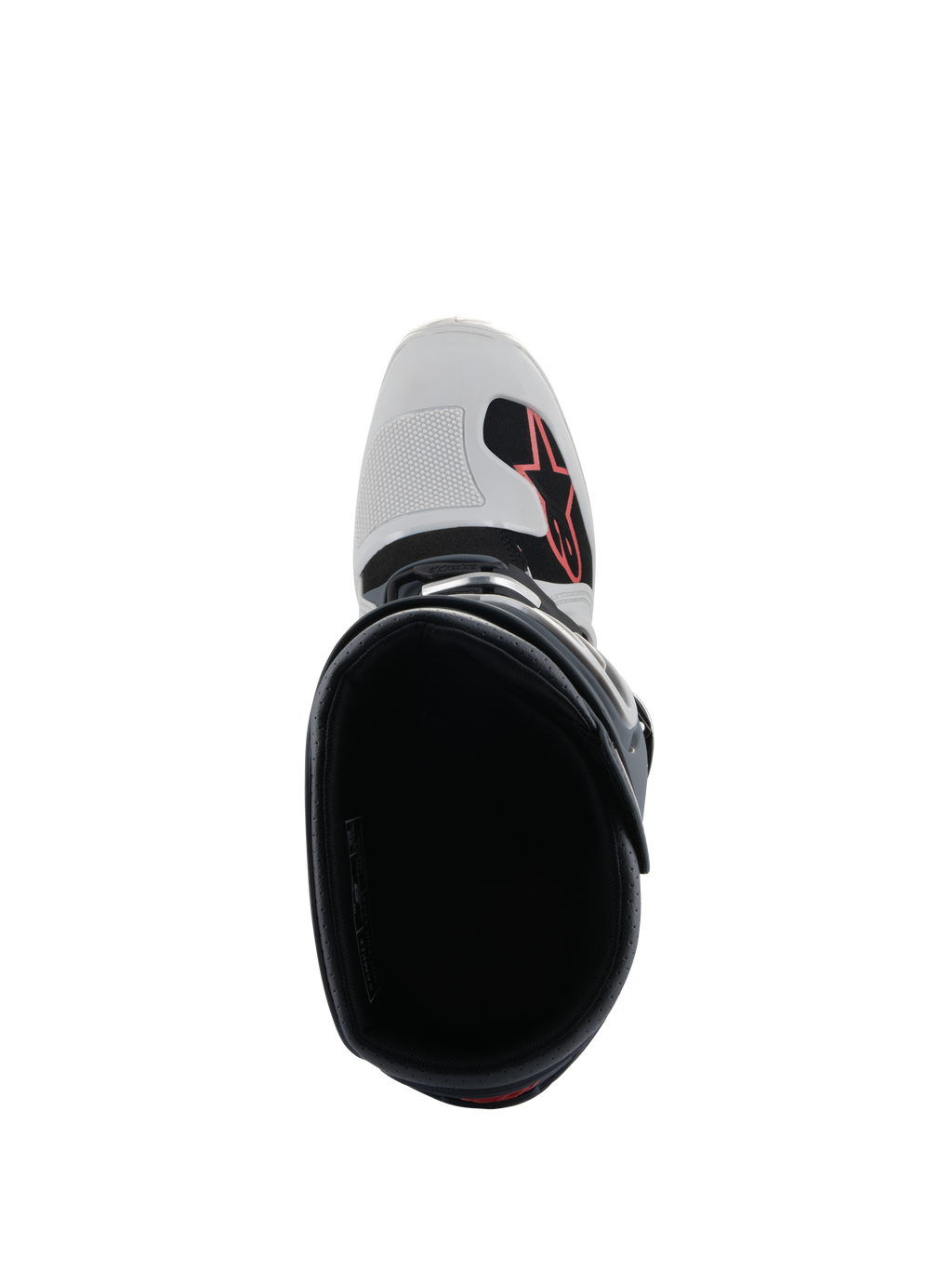 Alpinestars Tech 7 Enduro-stövlar, ljusgrå, mörkgrå och klarröd, vy uppifrån som ser ner i stöveln, visar tåpartiet med röd Alpinestars-logotyp och mönstrat växlingsskydd, professionella skor för enduro och terrängkörning